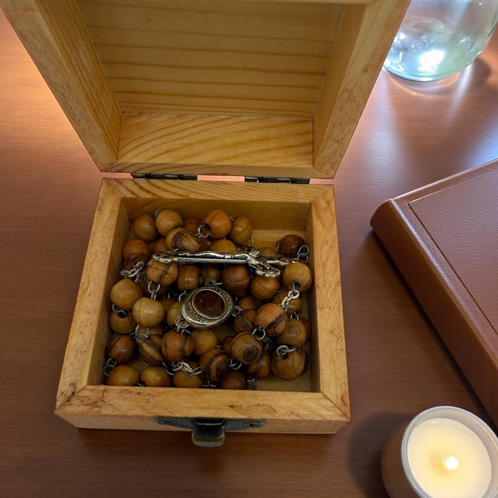 Bethlehem olive wood rosary beads with the Madonna and child holy soil centrepiece and wooden box handmade engraved with Jerusalem cross