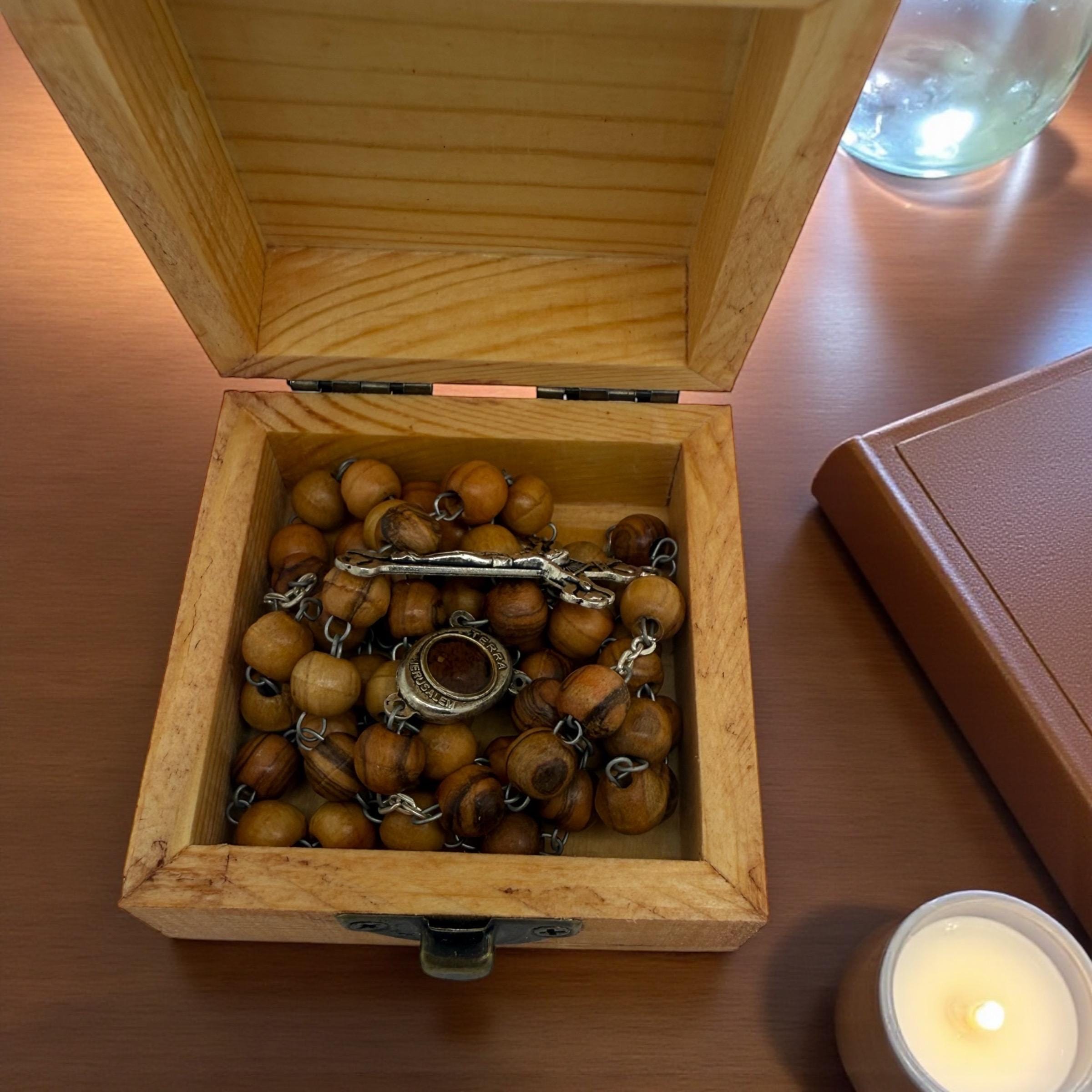 Bethlehem olive wood rosary beads with the Madonna and child holy soil centrepiece and wooden box handmade engraved with Jerusalem cross