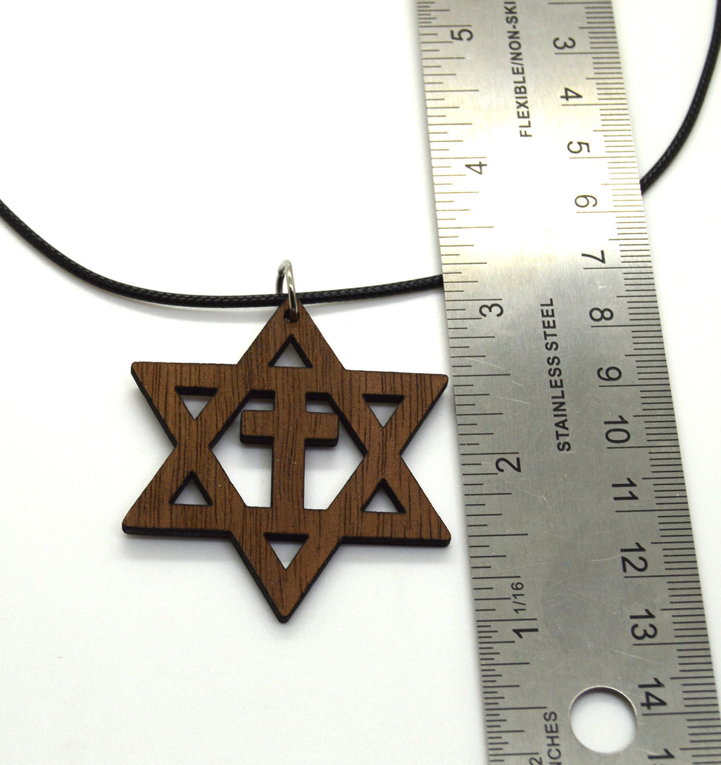Star of David with the cross wooden Messianic Jewish pendant pendant Basswood or Walnut 18" necklace