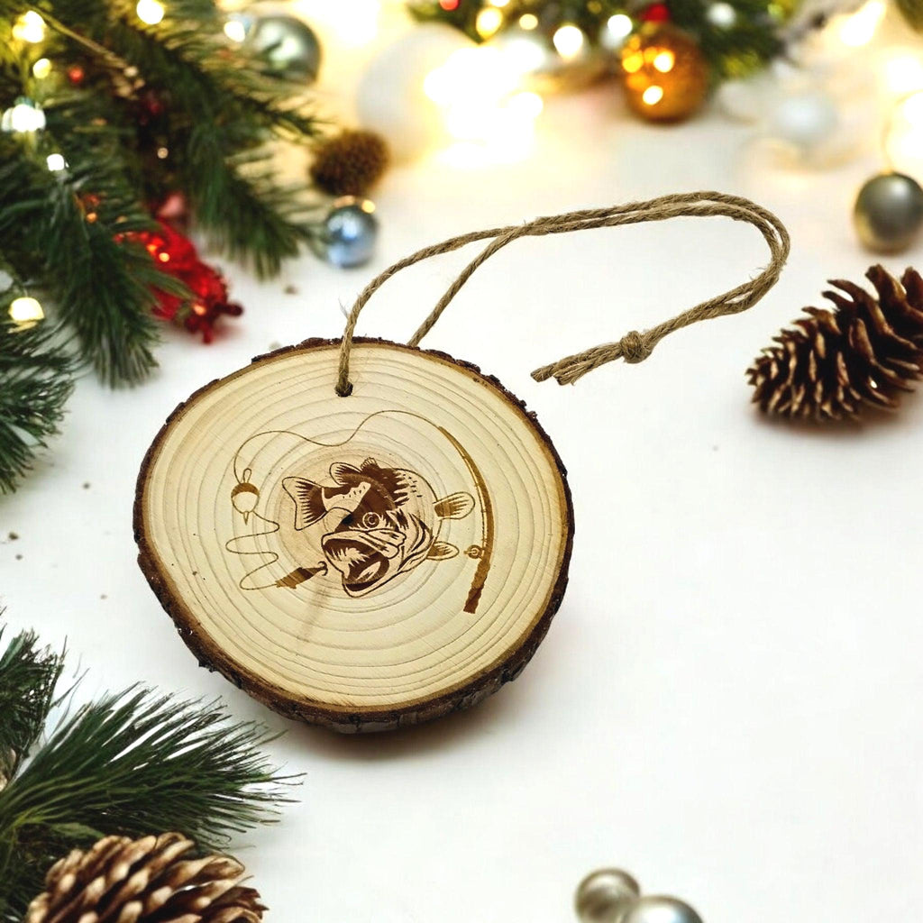 Bass fishing handmade engraved on natural pine wood slice with the bark great decoration for the Christmas tree comes ready to hung gift box