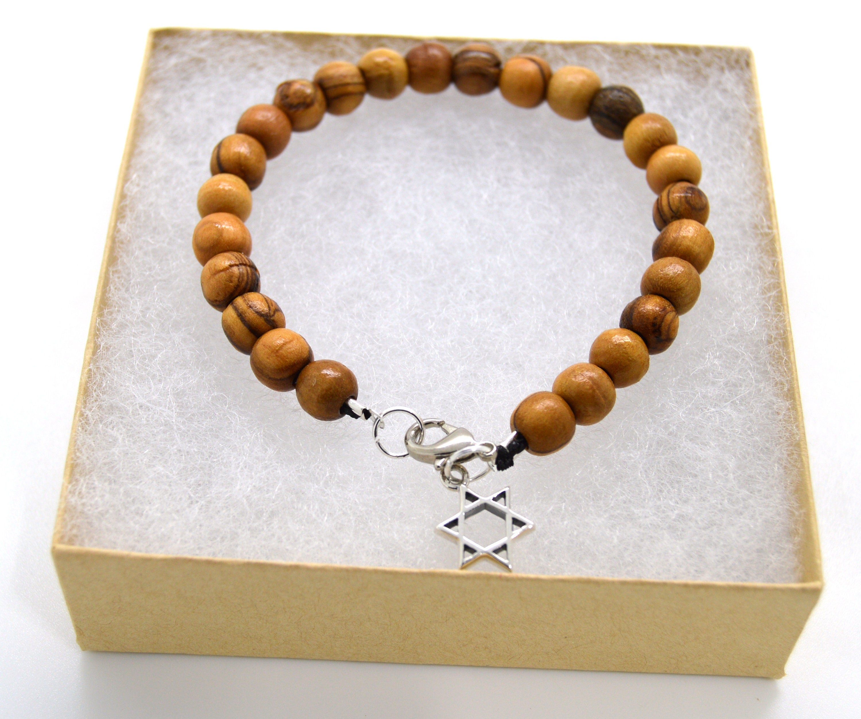 Olive wood bracelet handmade from 8 mm beads with Hebrew Chai, Jerusalem cross, Star of David or Heart charm gift boxed