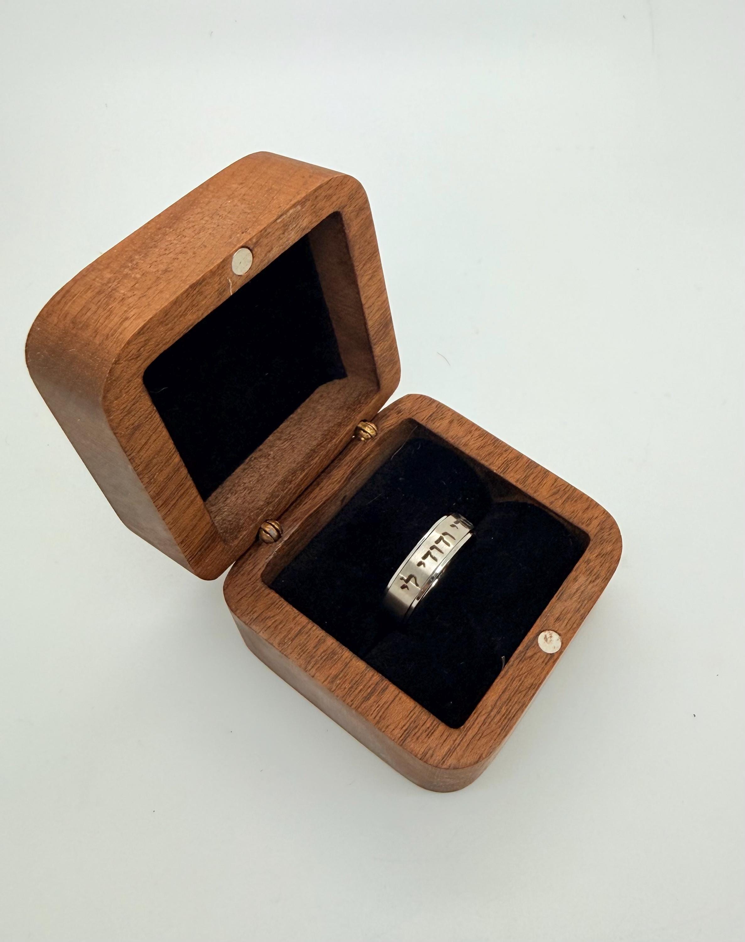 Jewish wedding ring box engraved in Hebrew Ani Ledodi Vedodi li my beloved Mazel Tov, can be personalized with the name and the date.