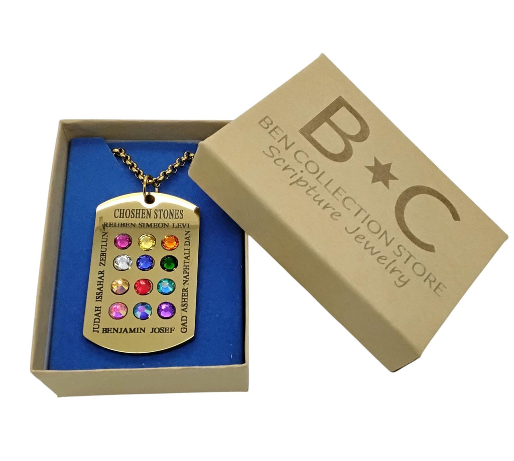 Ephod Hoshen Breastplate 12 Tribes Israel Pendant engraved in English with Rhinestones Stainless Steel 20” Necklace large heavy pendant