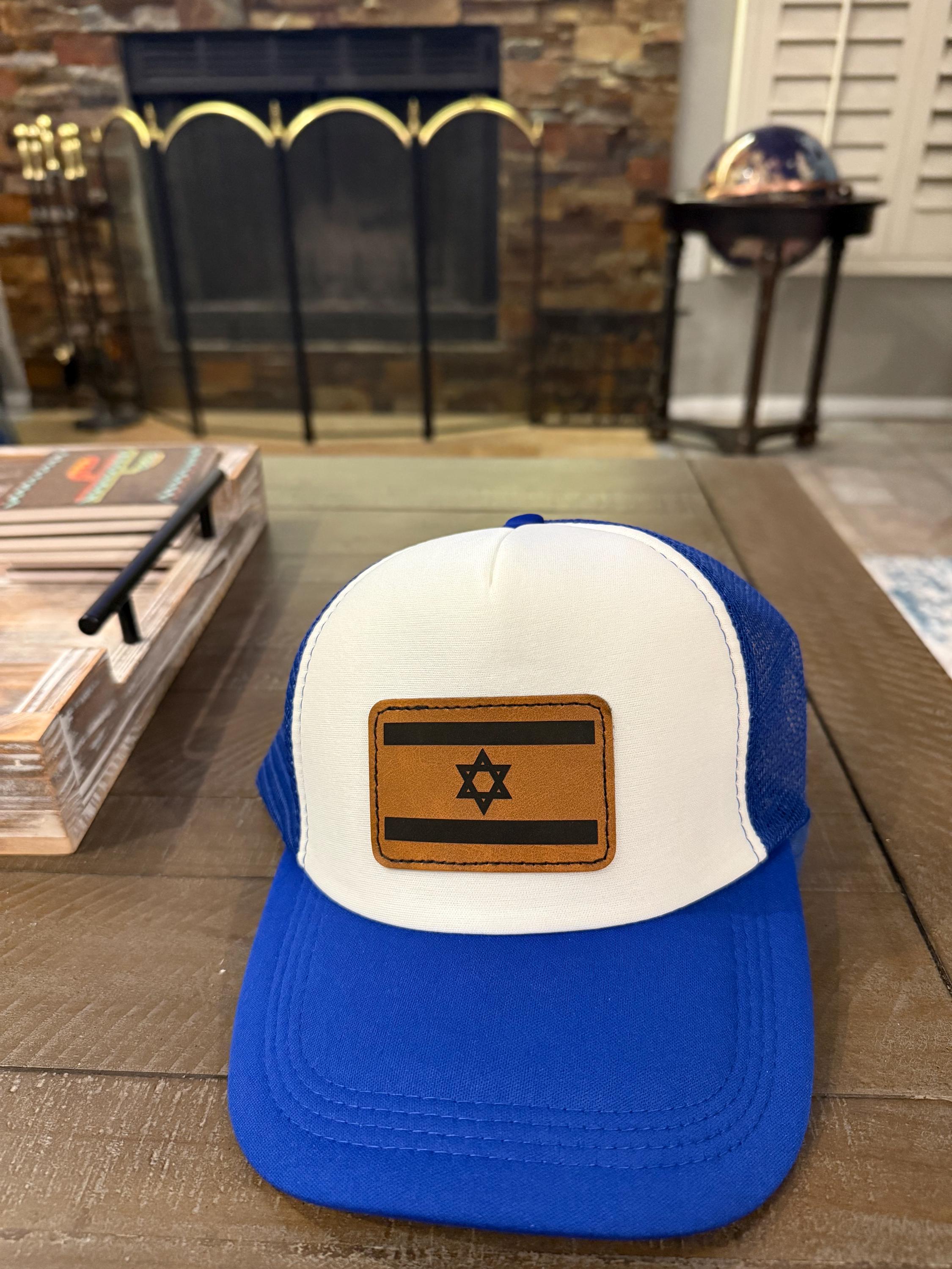 Israel flag and Am Yisrael Chai Hat baseball cap leatherette patch laser engraved and heat pressed applied on blue and white adjustable hat