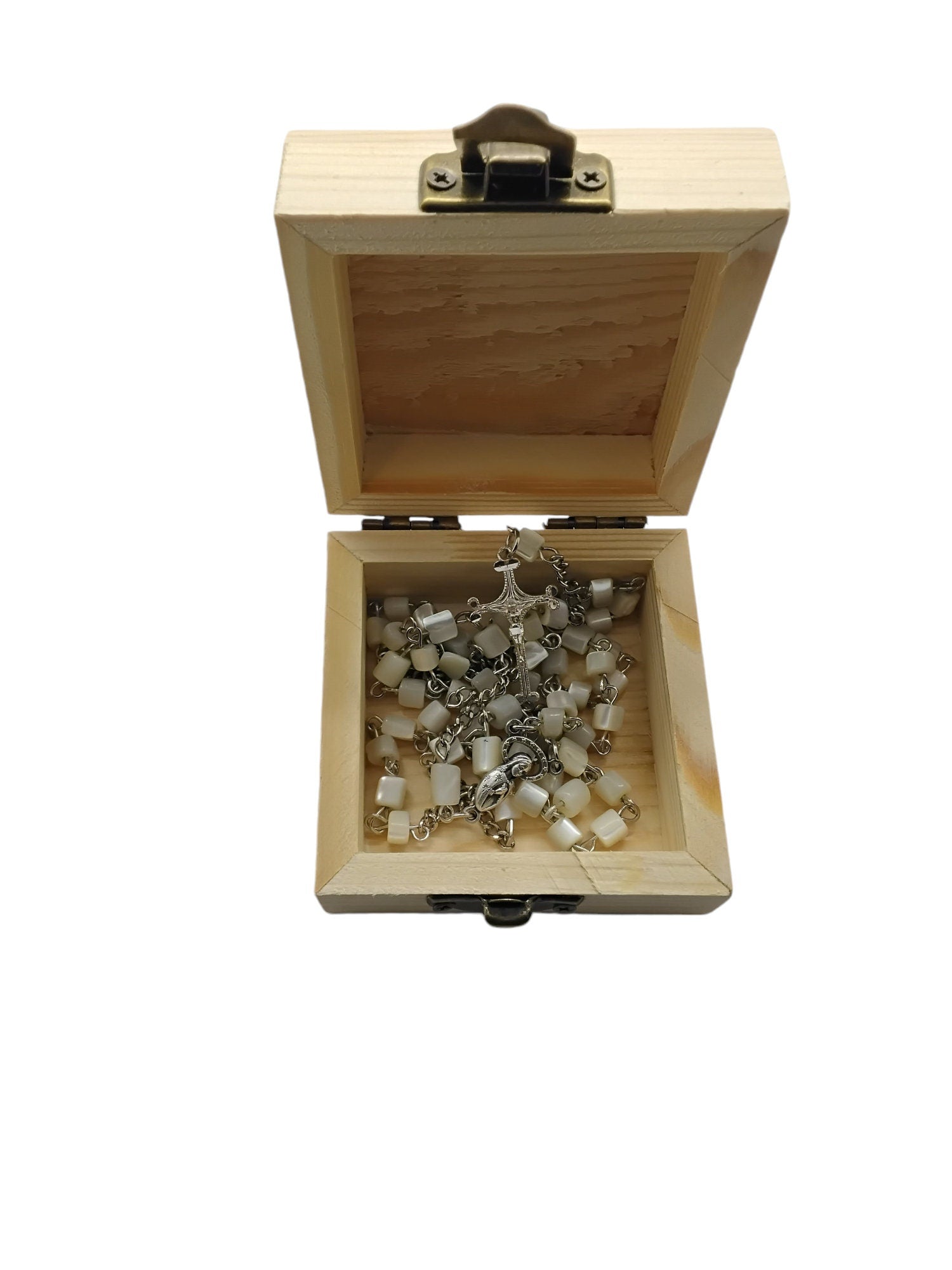 Catholic rosary mother of pearl necklace handmade with wooden rosary box personalized