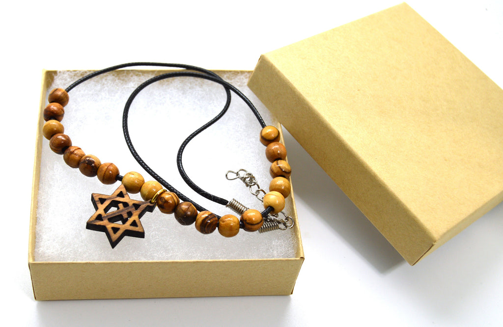 Star of David with the cross olive wood pendant handmade necklace with olive wood beads 18" gift boxed