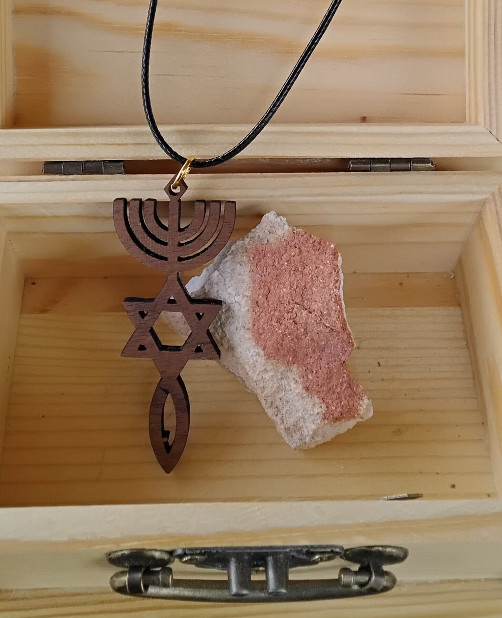 Star of David Menorah and fish grafted in messianic wooden walnut pendant with 20" necklace Jewish Christian jewelry