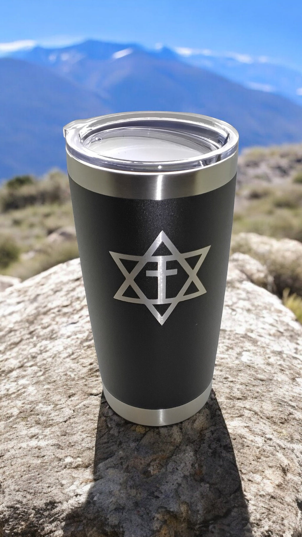 20oz Stainless Steel Tumbler w Lid engraved Star of David with cross Messianic travel mug