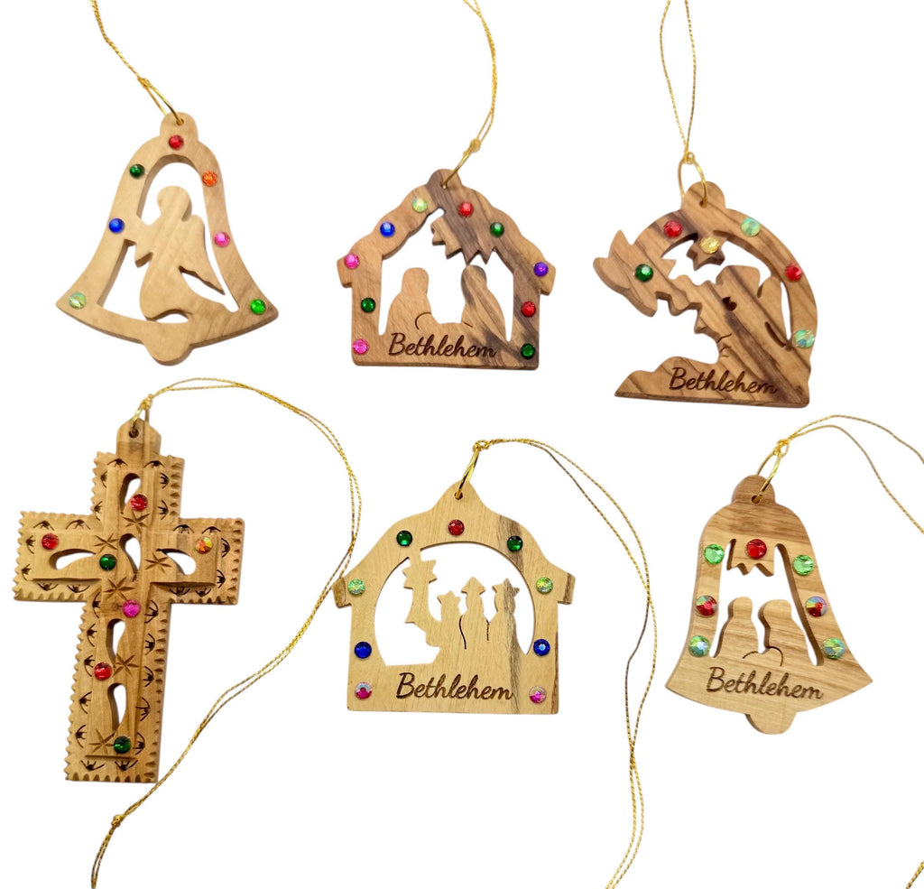 Bethlehem olive wood Christmas ornaments hand crafted with rhinestones set of 6 ornaments