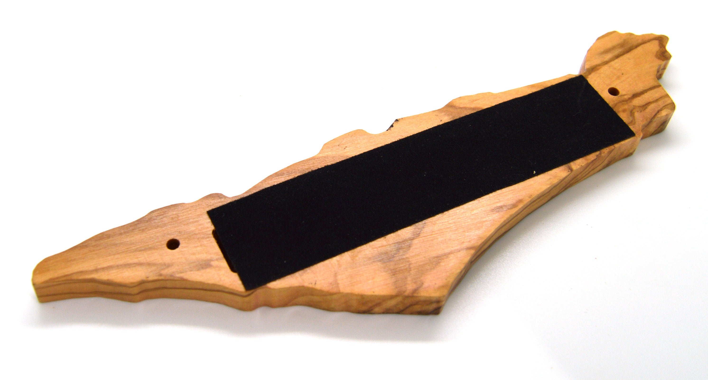 Olive wood Mezuzah Israel shape cutout with non Kosher scroll and engraved with the Shadi God Name Jerusalem and Star of David hand painted.