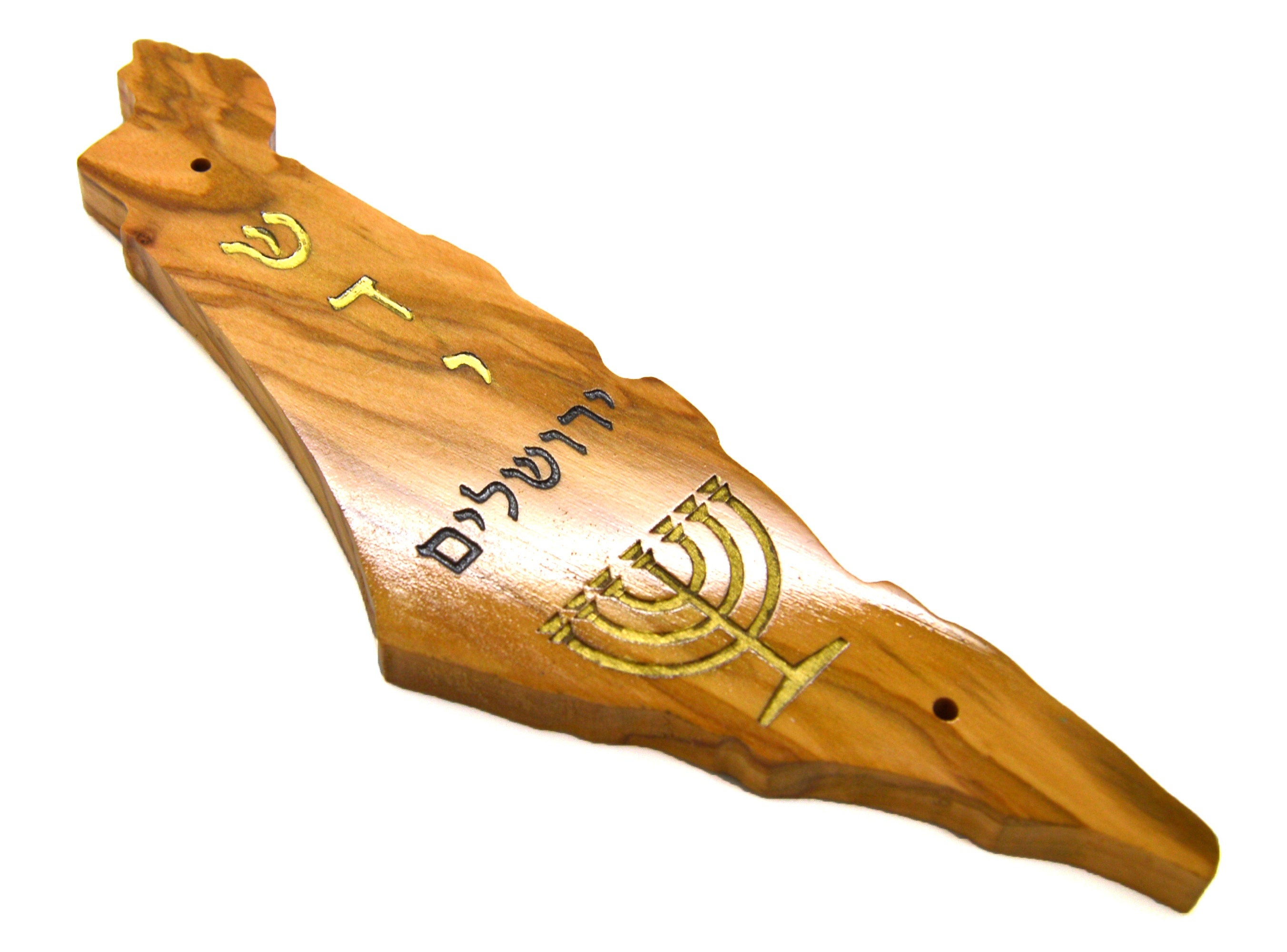 Olive wood Mezuzah Israel shape cutout with non Kosher scroll and engraved with the Shadi God Name Jerusalem and Star of David hand painted.