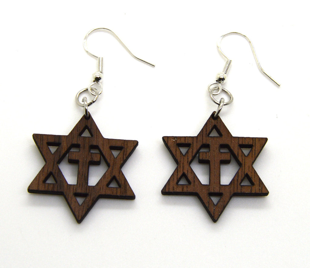 Star of David with the cross wooden walnut Messianic earrings set