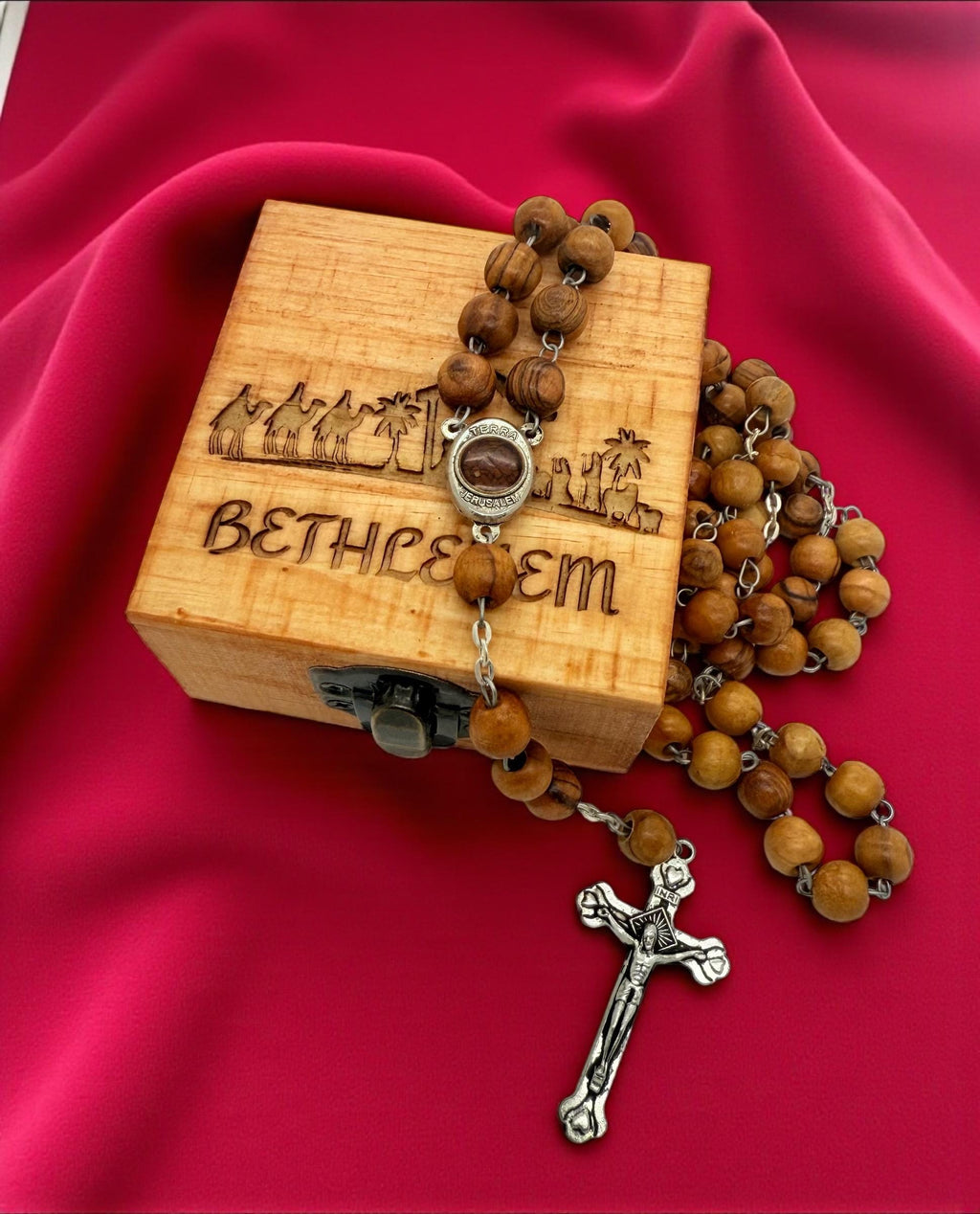 Bethlehem olive wood rosary beads with the Madonna and child holy soil centrepiece and wooden box handmade engraved with Bethlehem nativity