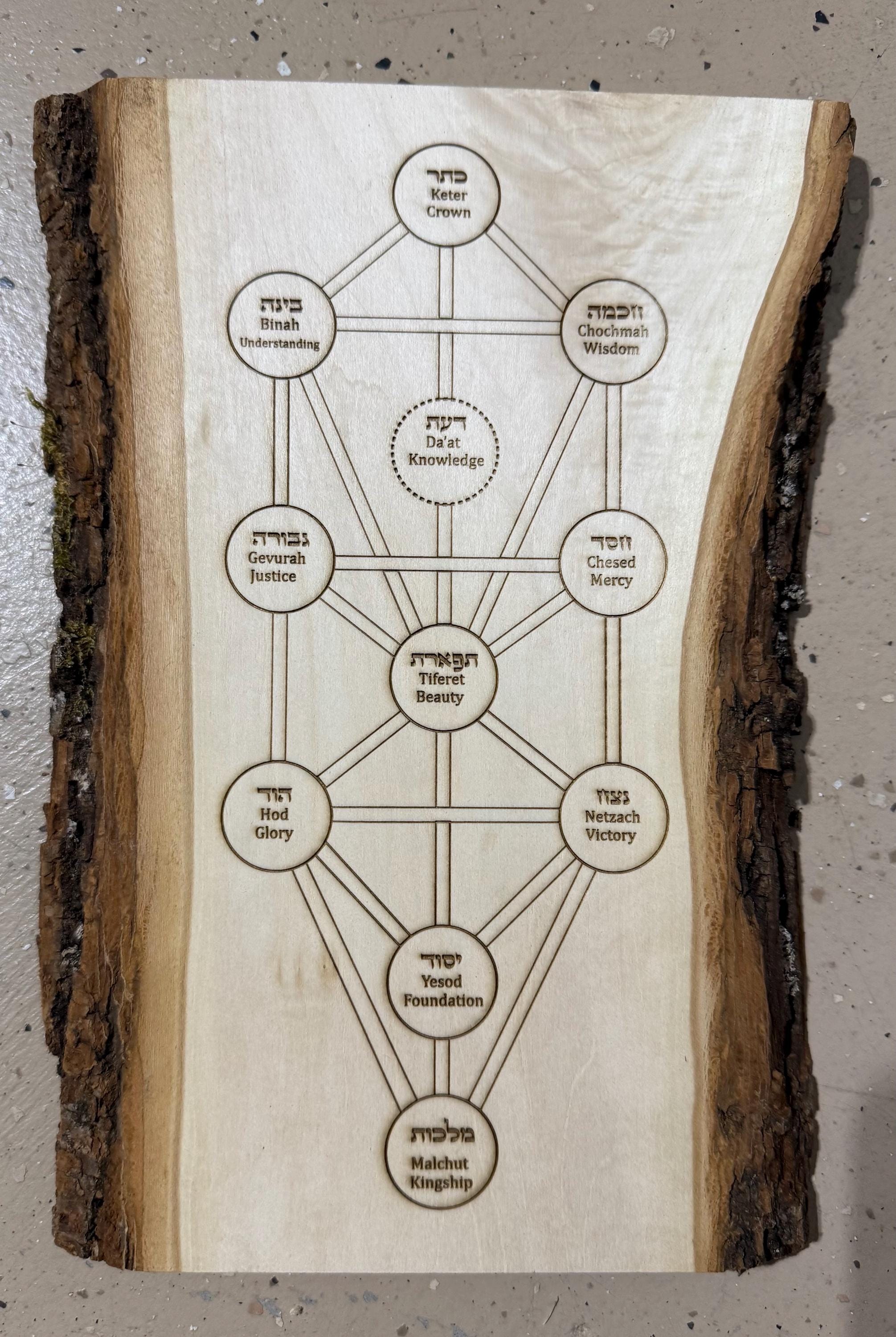 Ten Sefirot tree of life in Hebrew and English Kabbalah live edge engraved 11” x 8”