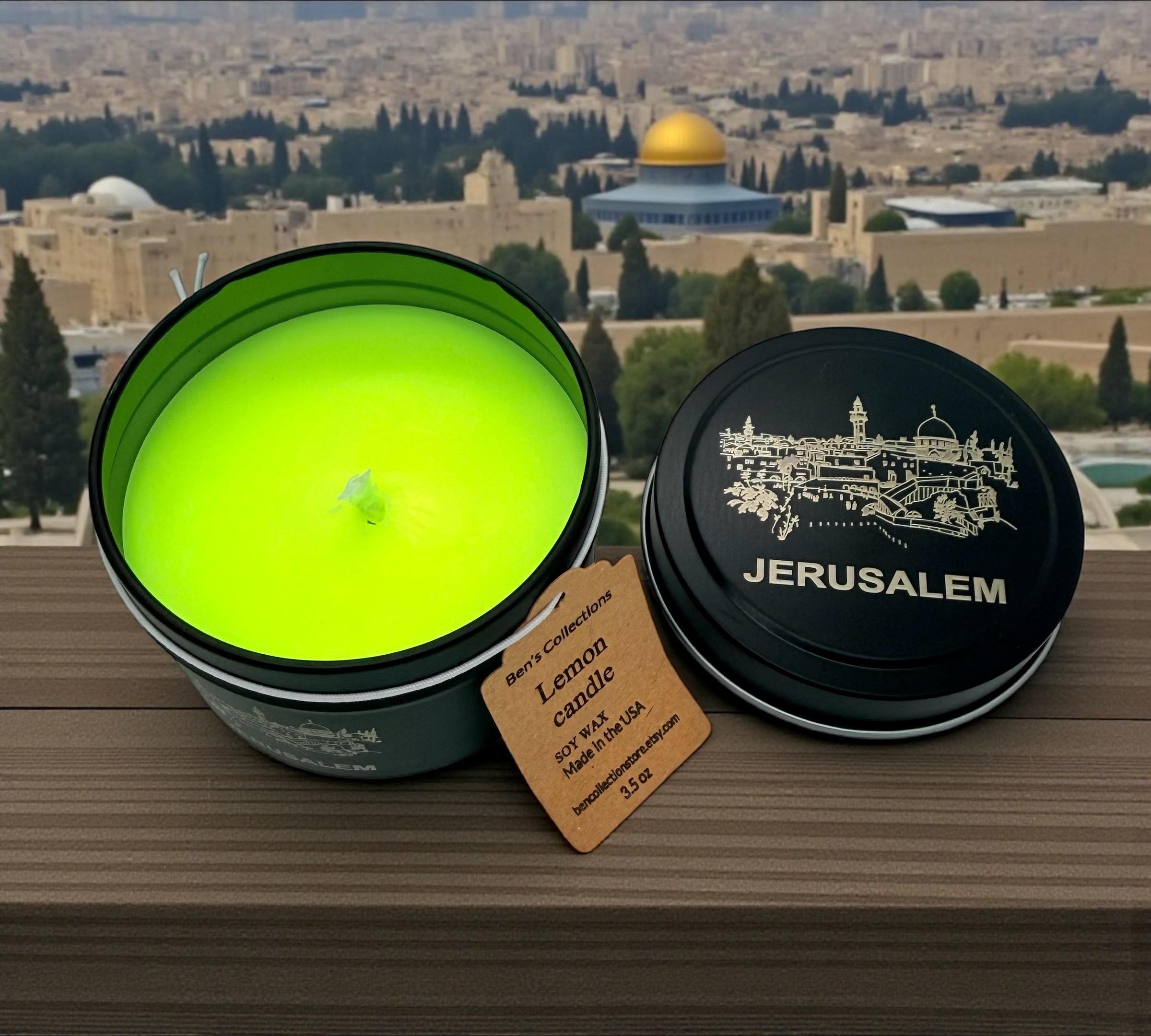 Handmade soy wax candle city of Jerusalem engraved tin metal jar available in 3.5 oz or 7 oz.