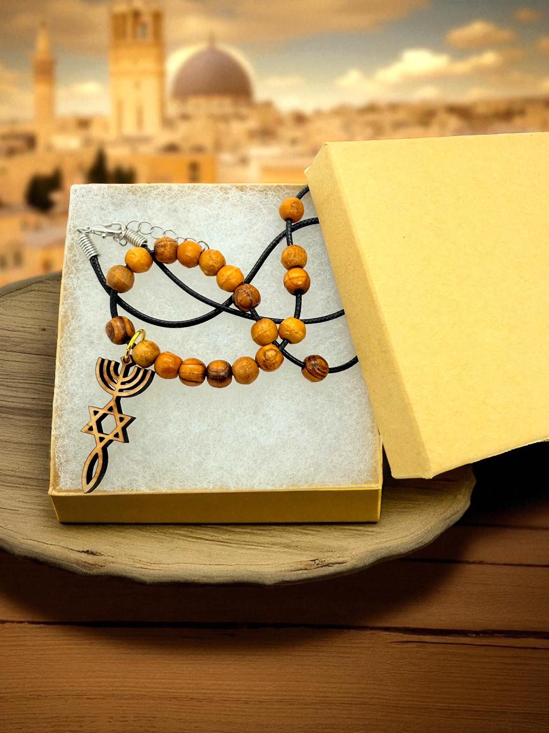 Star of David menorah and fish messianic grafted in Israel basswood pendant handmade necklace with olive wood beads 20" gift boxed