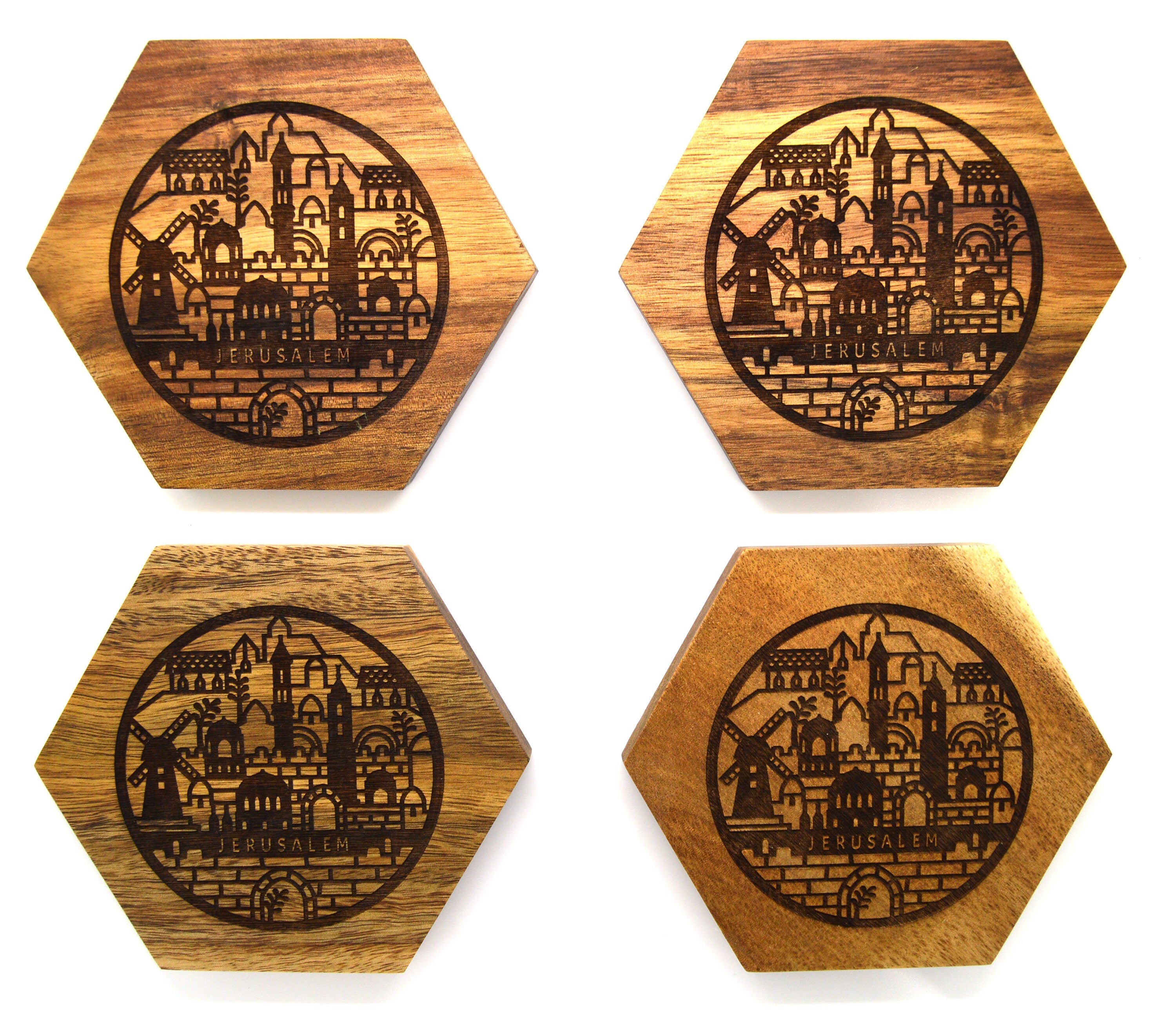 JERUSALEM Coasters Acacia wood engraved with the city of Jerusalem Israel set of 4