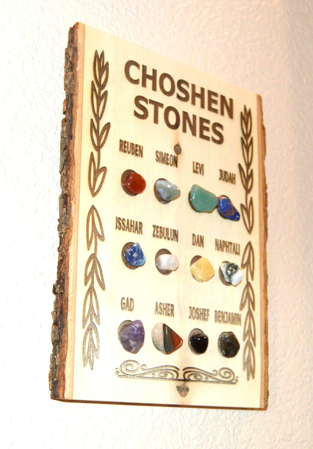 CHOSEN Stones 12 tribes of Israel Hoshen High Priest Ephod with the Genuine Gemstones of the twelve tribes names Engraved on live edge wood.
