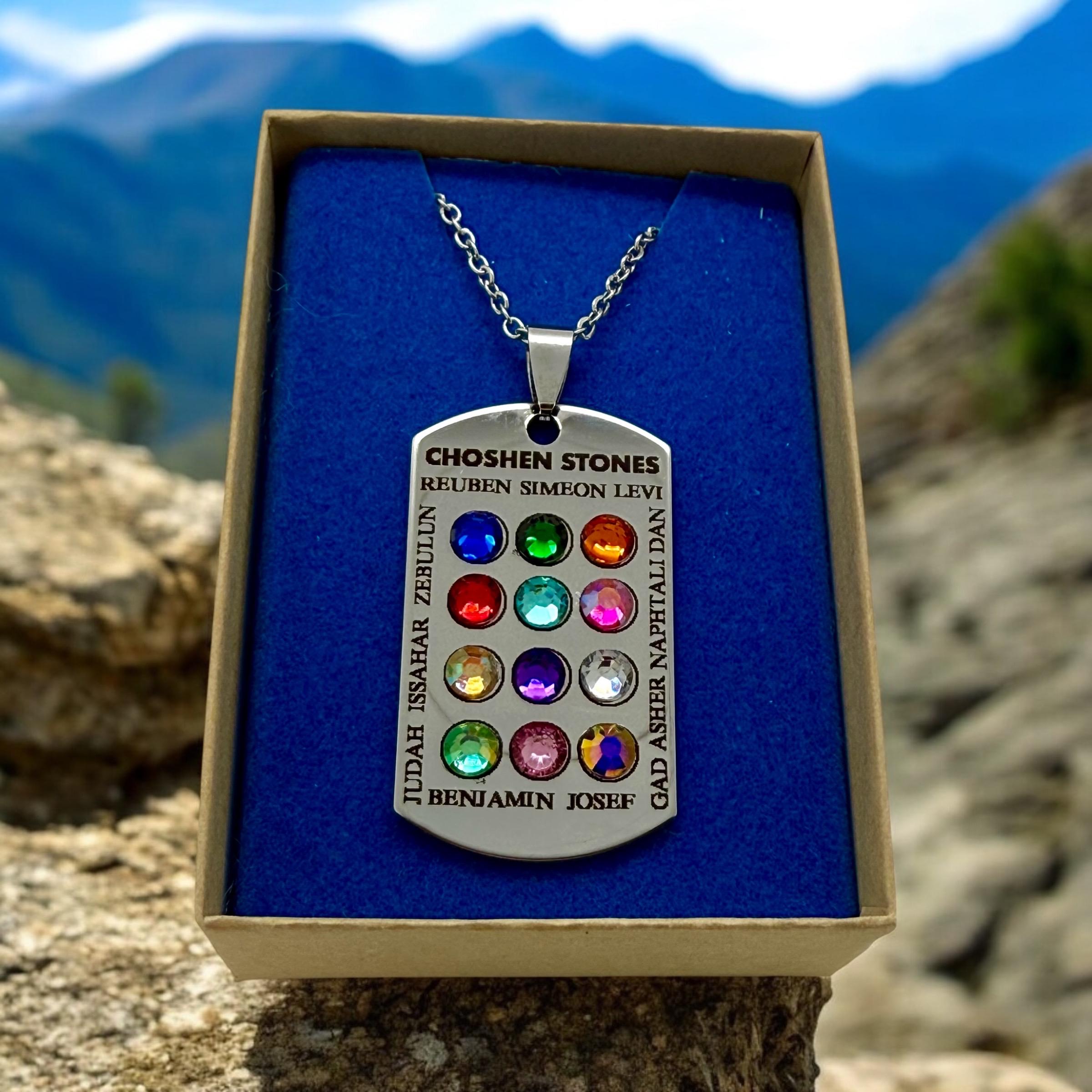 Ephod Hoshen Breastplate 12 Tribes Israel Pendant engraved in English with Rhinestones Stainless Steel 20” Necklace