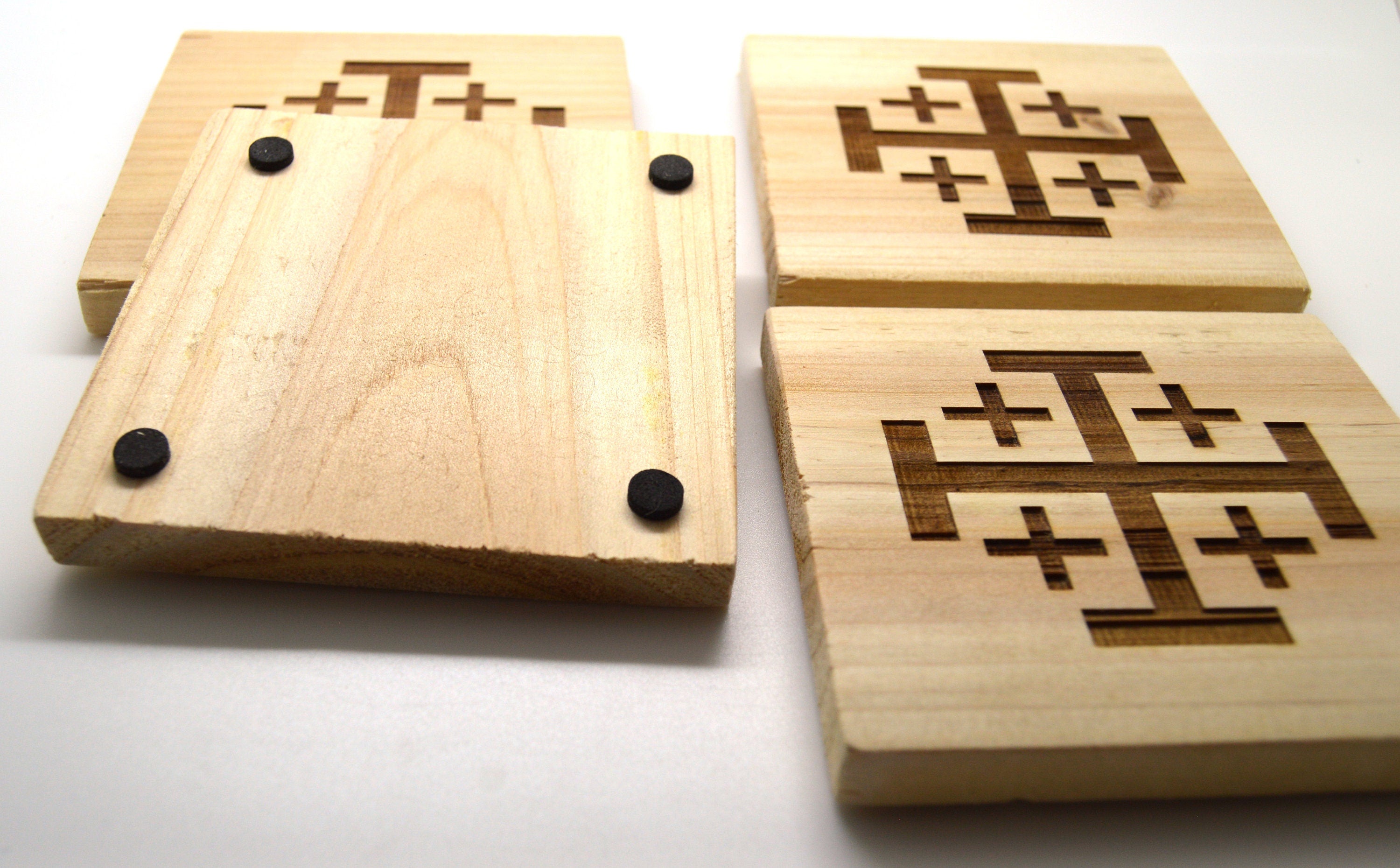 Jerusalem cross wooden coasters engraved on pine wood set of 4 coasters