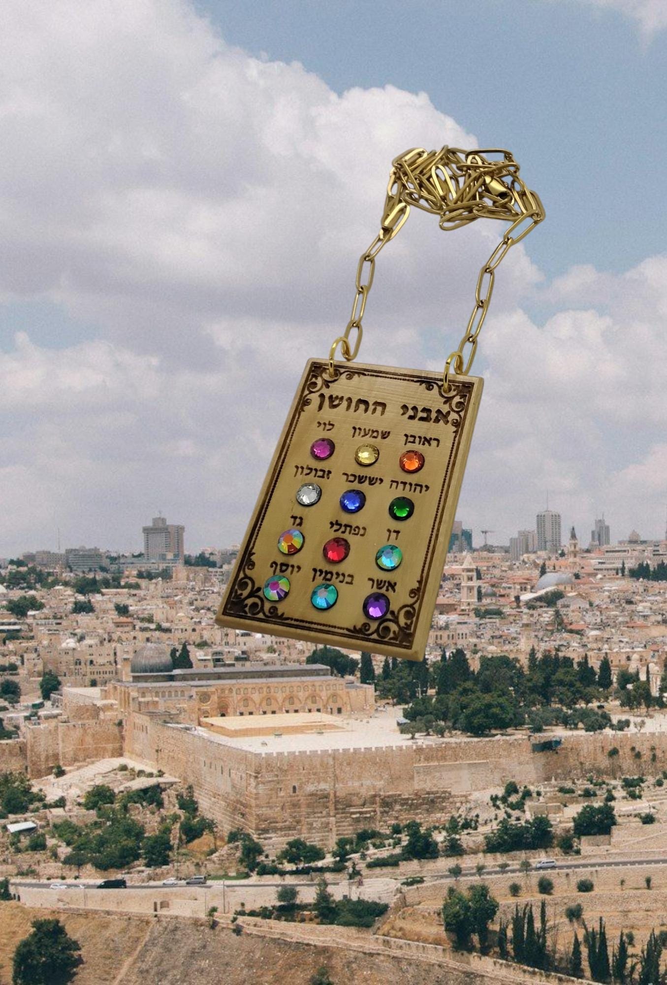 Ephod Hoshen Breastplate 12 Tribes Israel Pendant engraved olive wood from Israel in Hebrew with Rhinestones Stainless Steel Necklace.