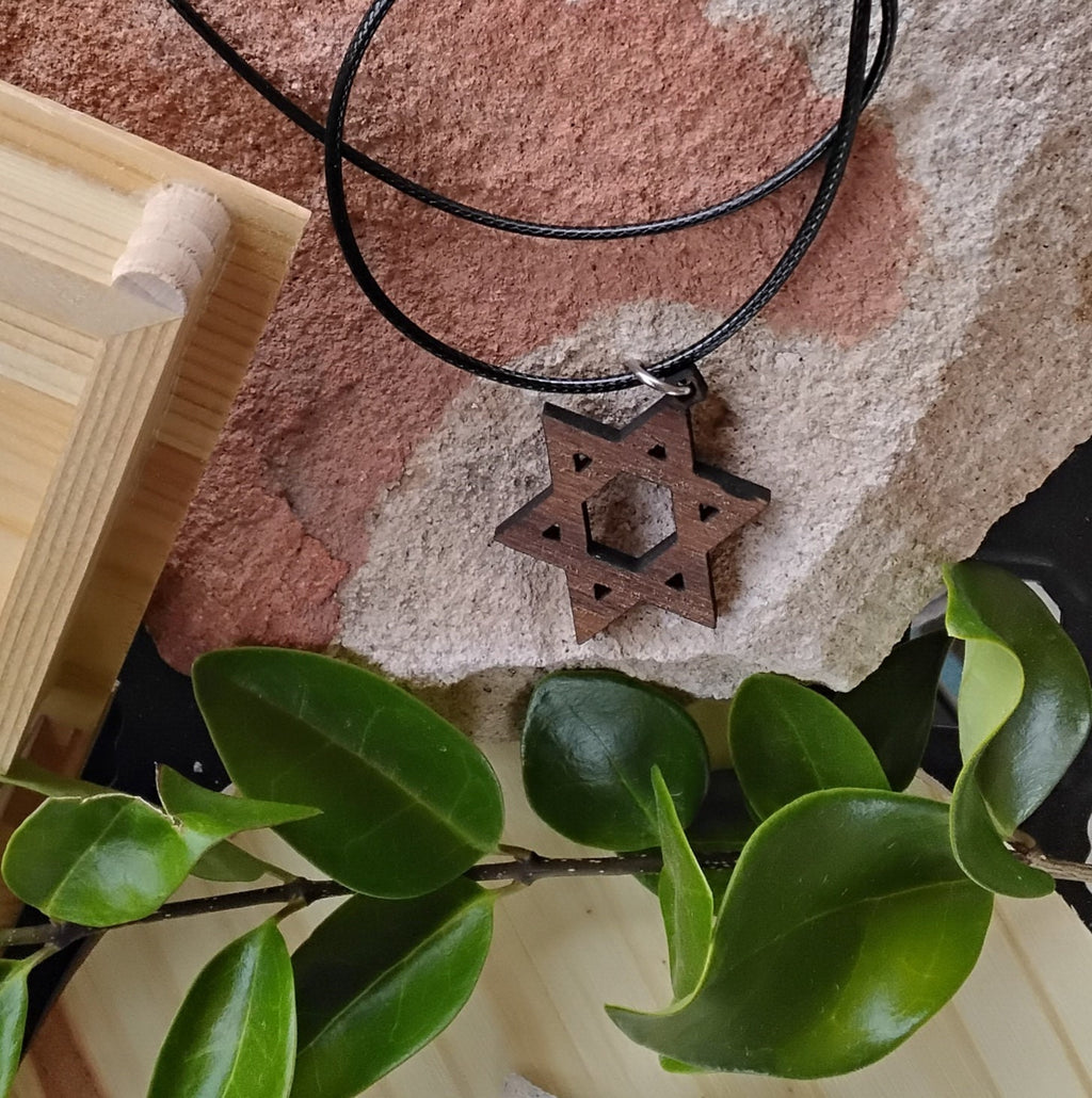 Handmade wooden walnut pendant Jewish star of David magen David in Hebrew Israel comes with 20" necklace