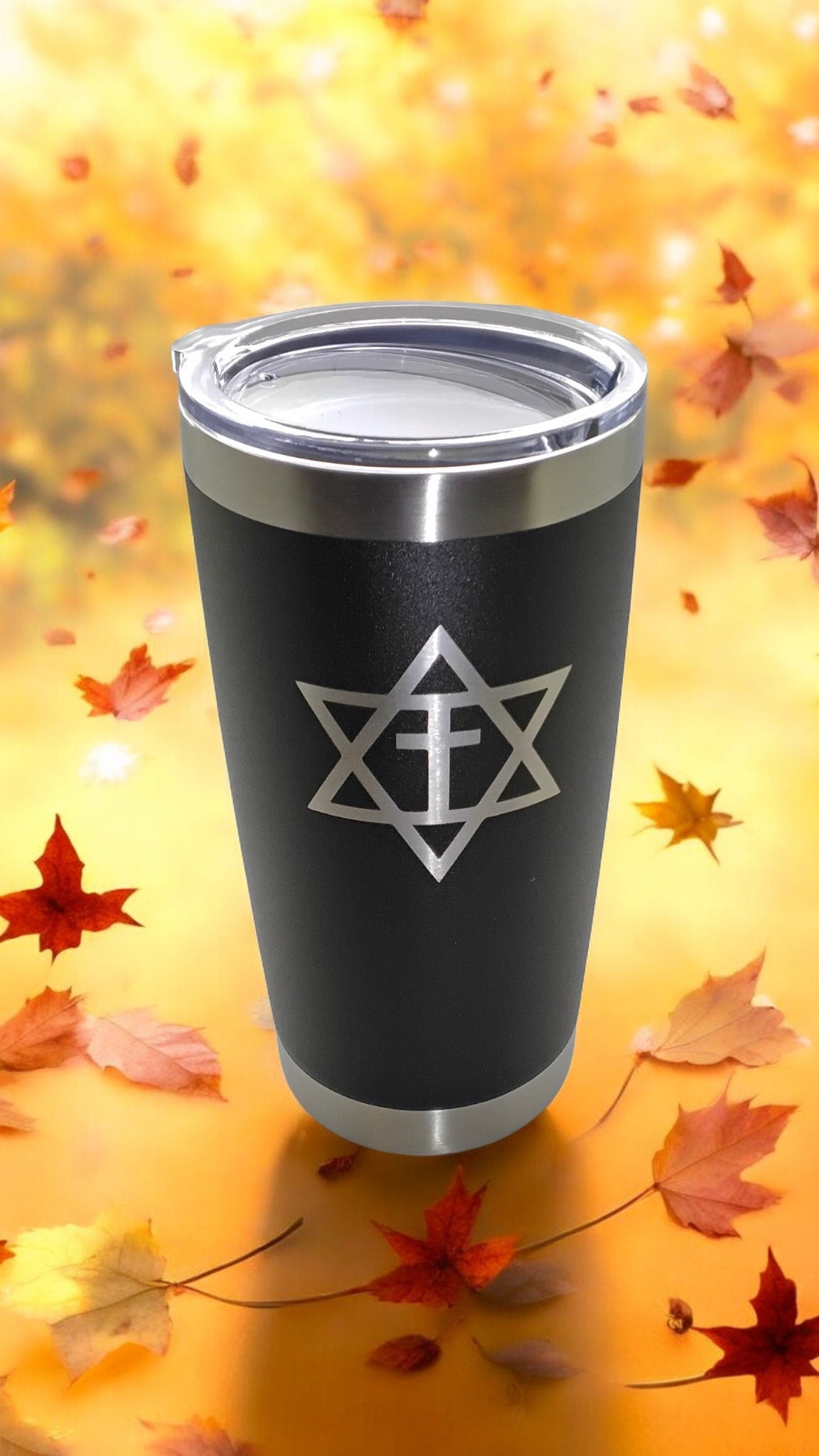 20oz Stainless Steel Tumbler w Lid engraved Star of David with cross Messianic travel mug