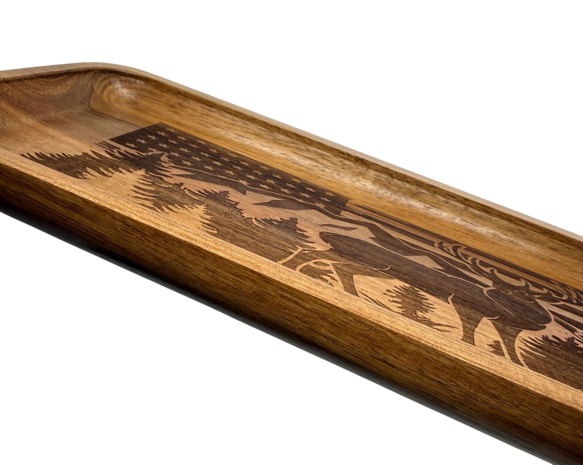 Acacia wood tray engraved with the American flag Deer mountain and tree forest 11.8” x 5” x 0.78”