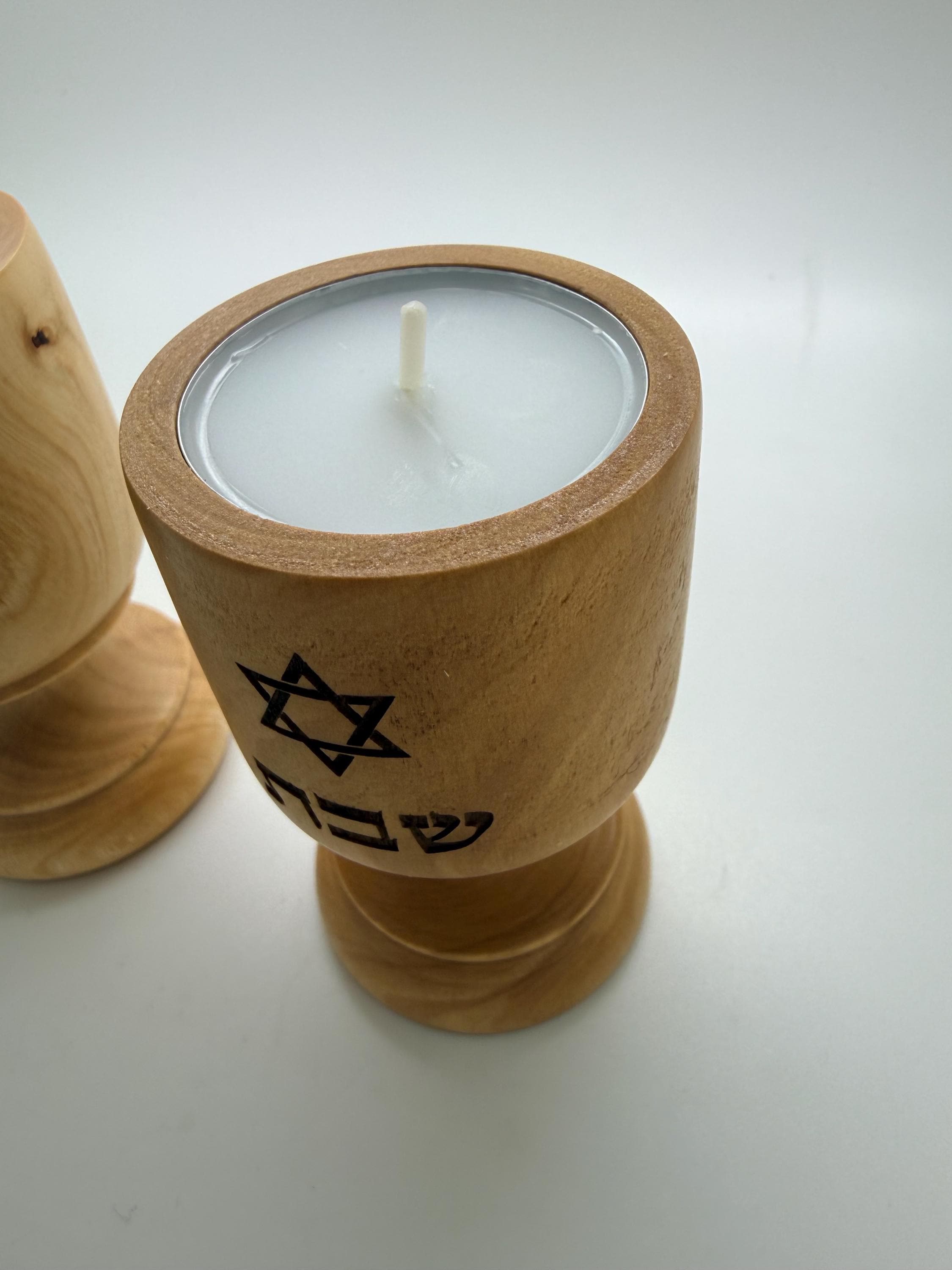 Shabbat Shalom in Hebrew engraved with Star of David Israel olive wood candle holders made for tea light candles Jewish gift handmade