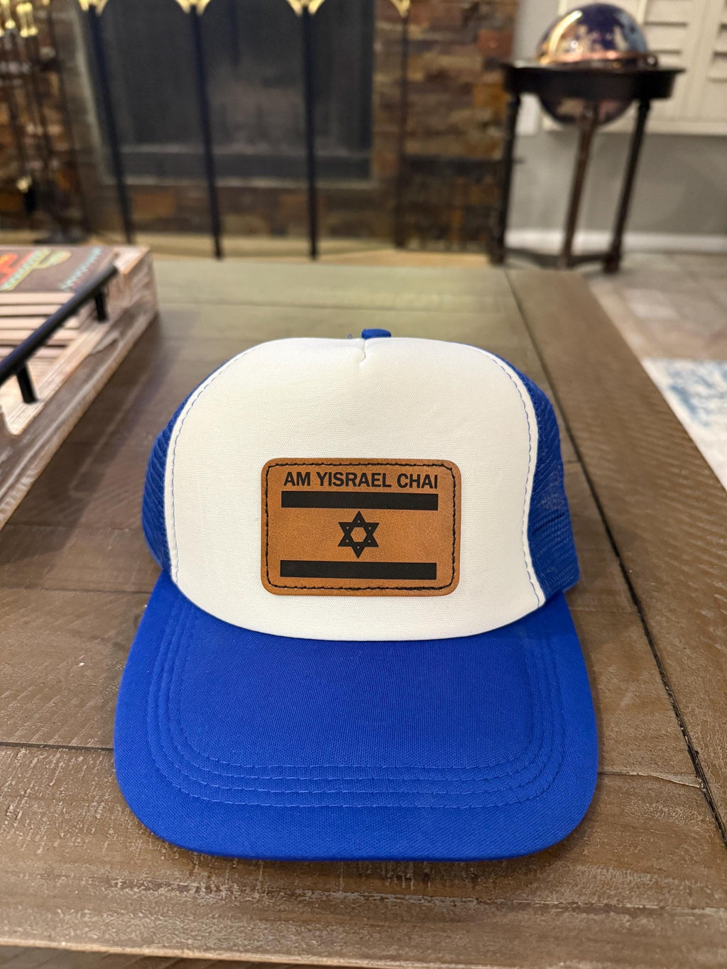 Israel flag and Am Yisrael Chai Hat baseball cap leatherette patch laser engraved and heat pressed applied on blue and white adjustable hat
