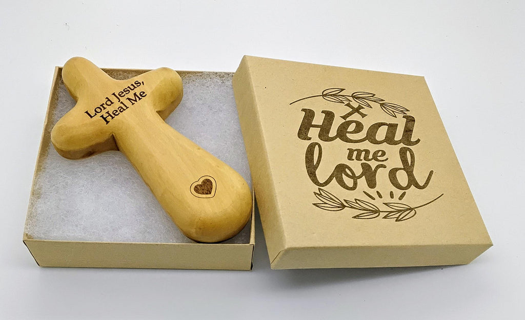 Bethlehem olive wood comfort cross engraved with Lord Jesus, Heal Me and heart, can be personalized with name on the back gift boxed