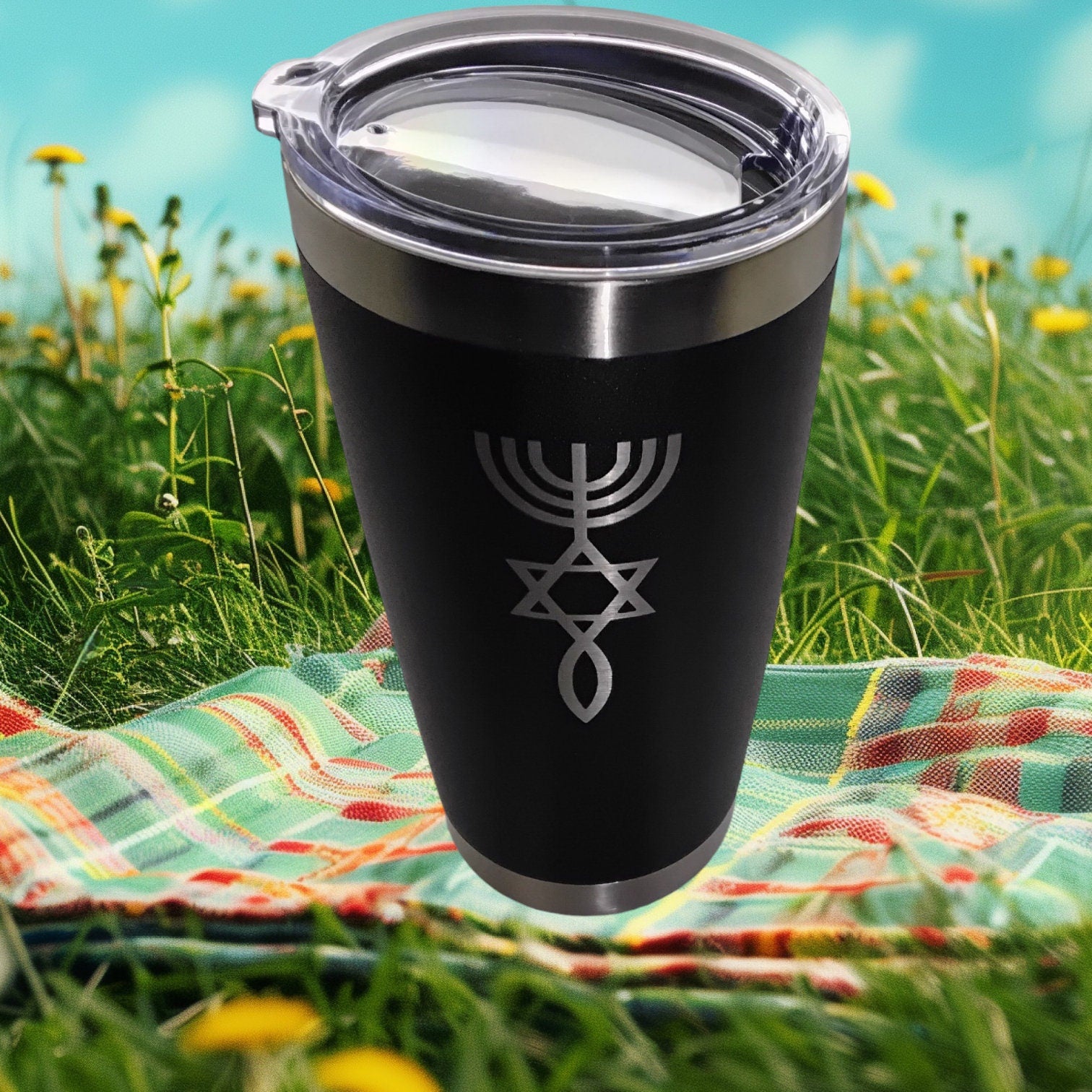 20oz Stainless Steel Tumbler w Lid engraved Messianic Seal grafted In Israel Star of David Menorah and fish travel mug