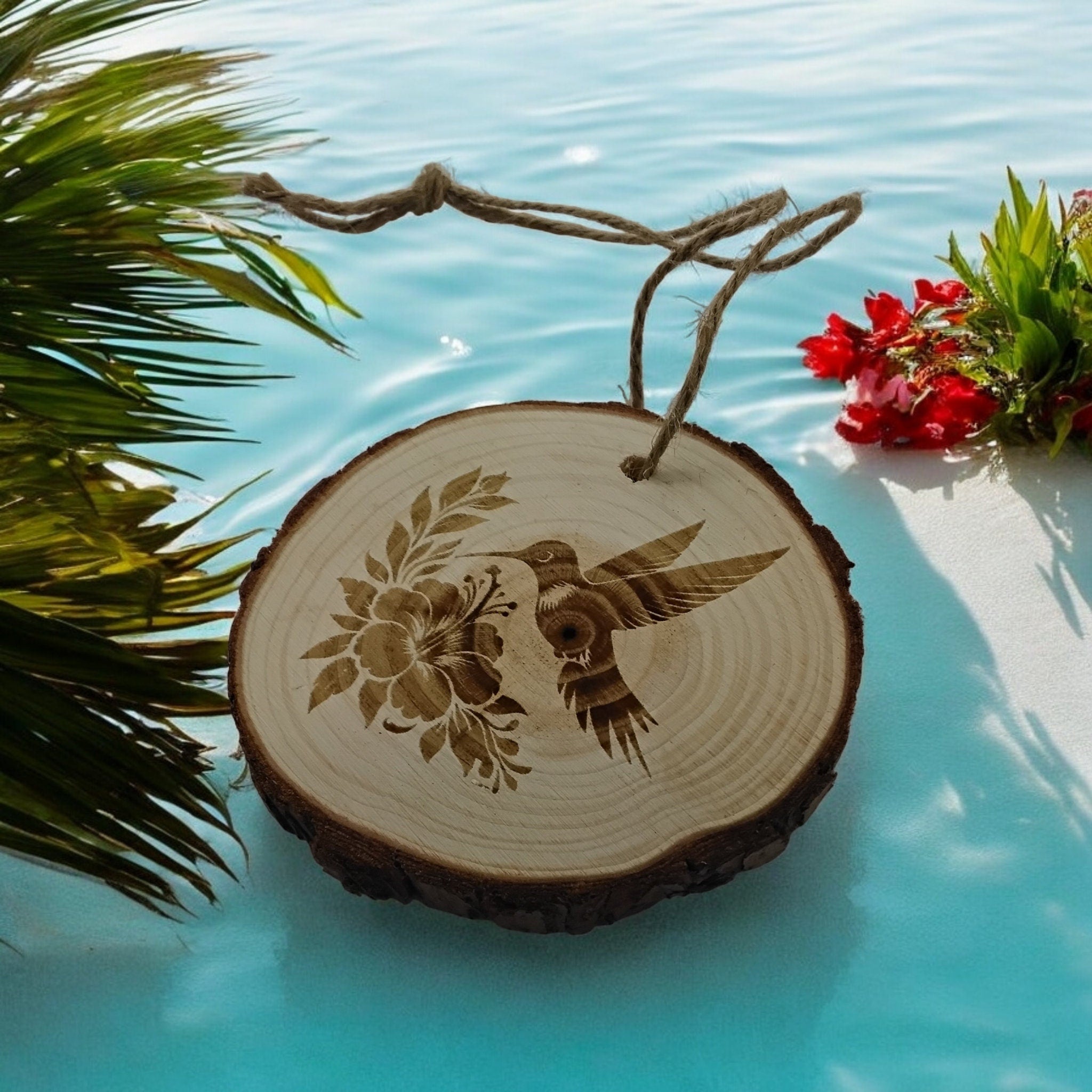 Hummingbird handmade engraved on natural pine wood slice with the bark great decoration for the Christmas tree comes ready to hung gift box