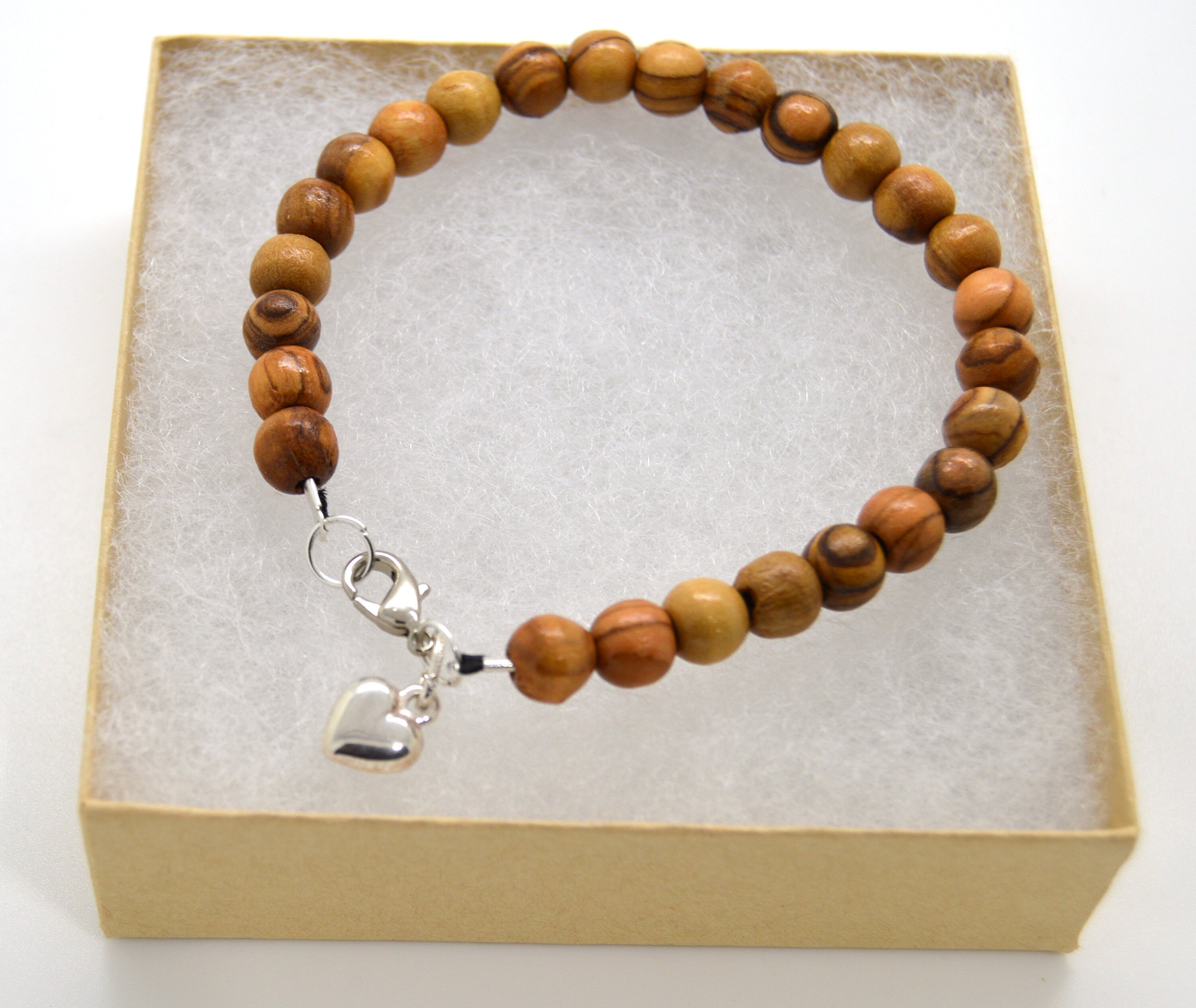 Olive wood bracelet handmade from 8 mm beads with Hebrew Chai, Jerusalem cross, Star of David or Heart charm gift boxed