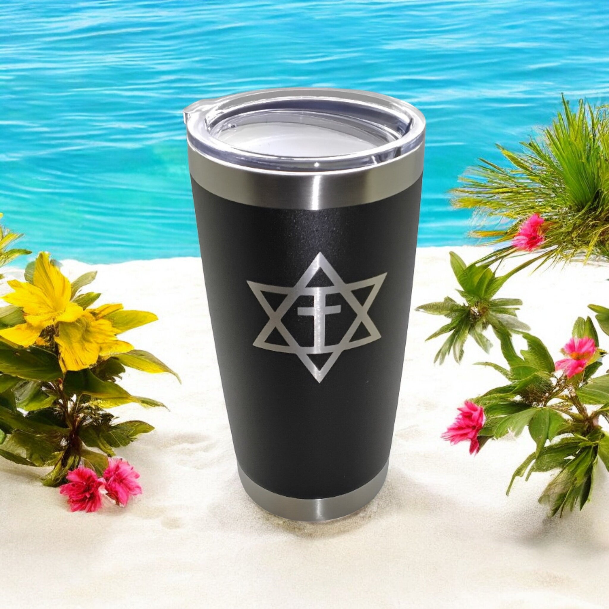 20oz Stainless Steel Tumbler w Lid engraved Star of David with cross Messianic travel mug