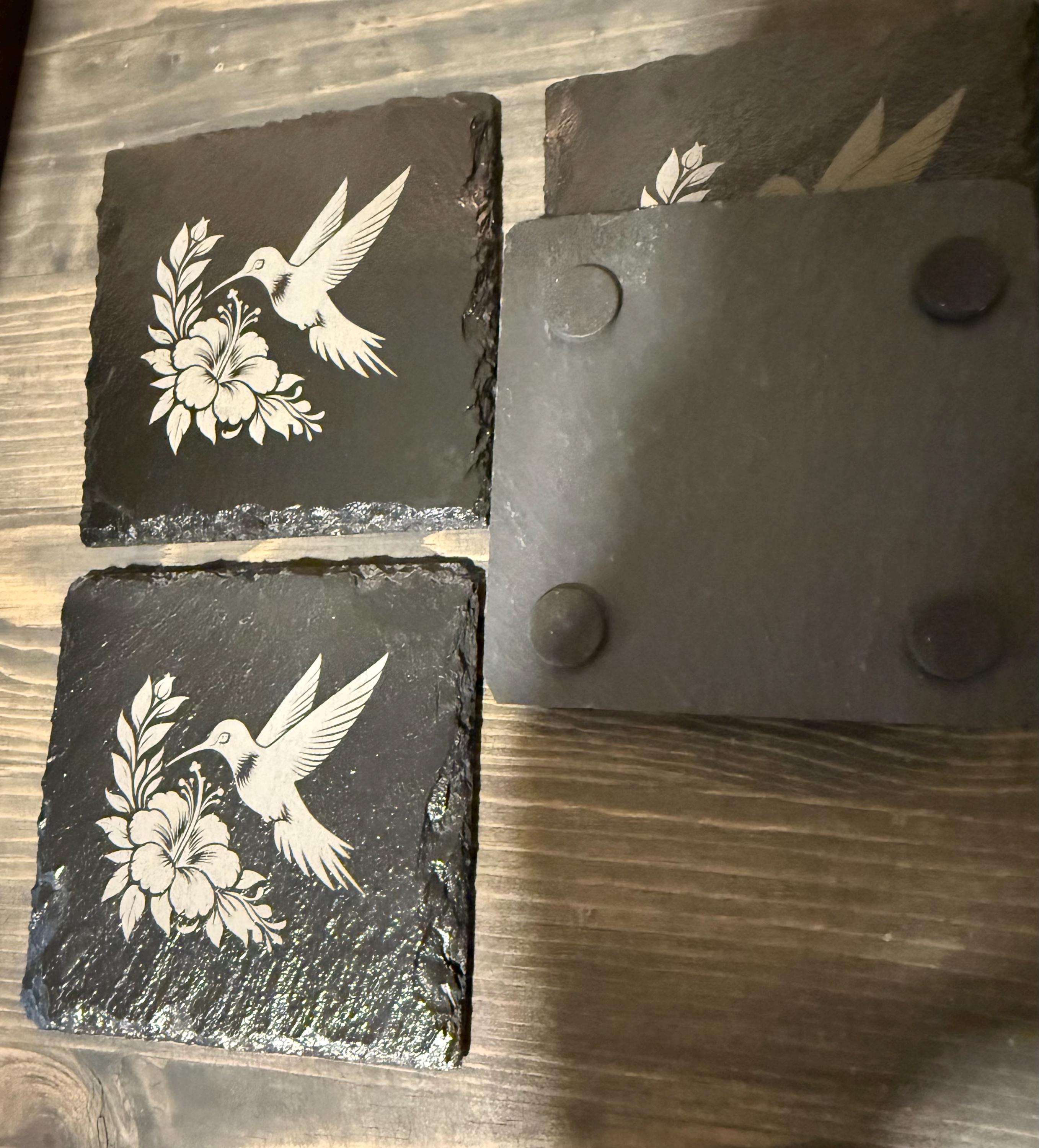 Natural Slate Stone Handmade Coaster Set with hummingbird flowers
