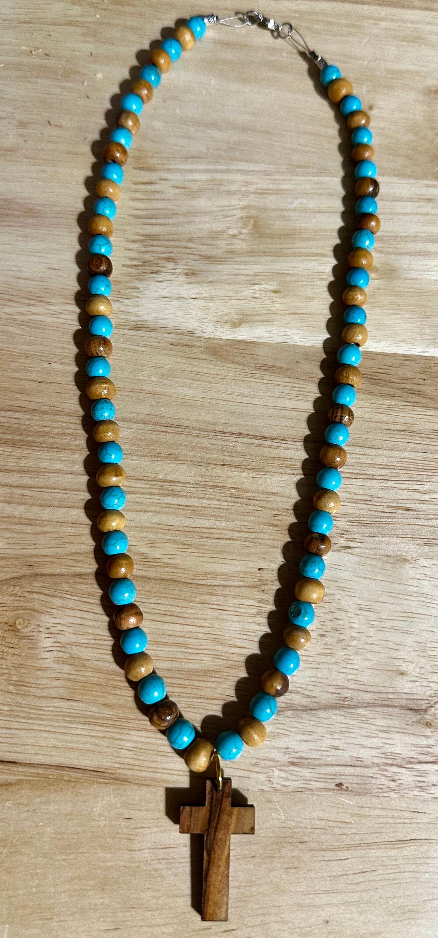 Bethlehem olive wood beads and turquoise beads necklace handmade with olive wood cross pendant comes gift boxed
