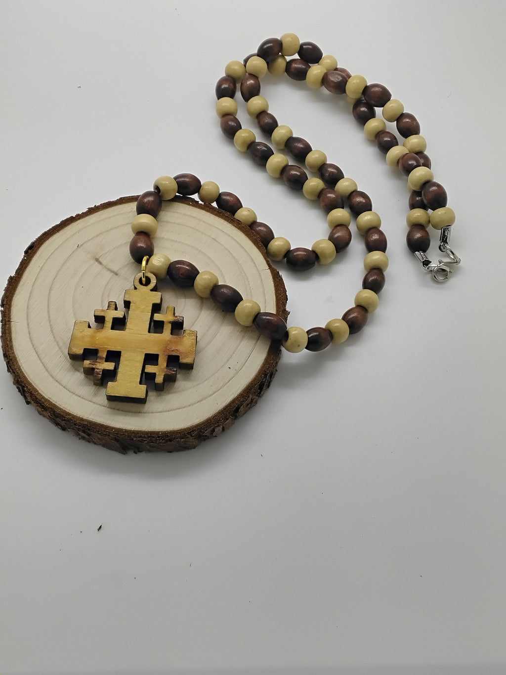 Jerusalem Cross necklace Handmade from olive wood pendant and wooden beads necklace gift boxed