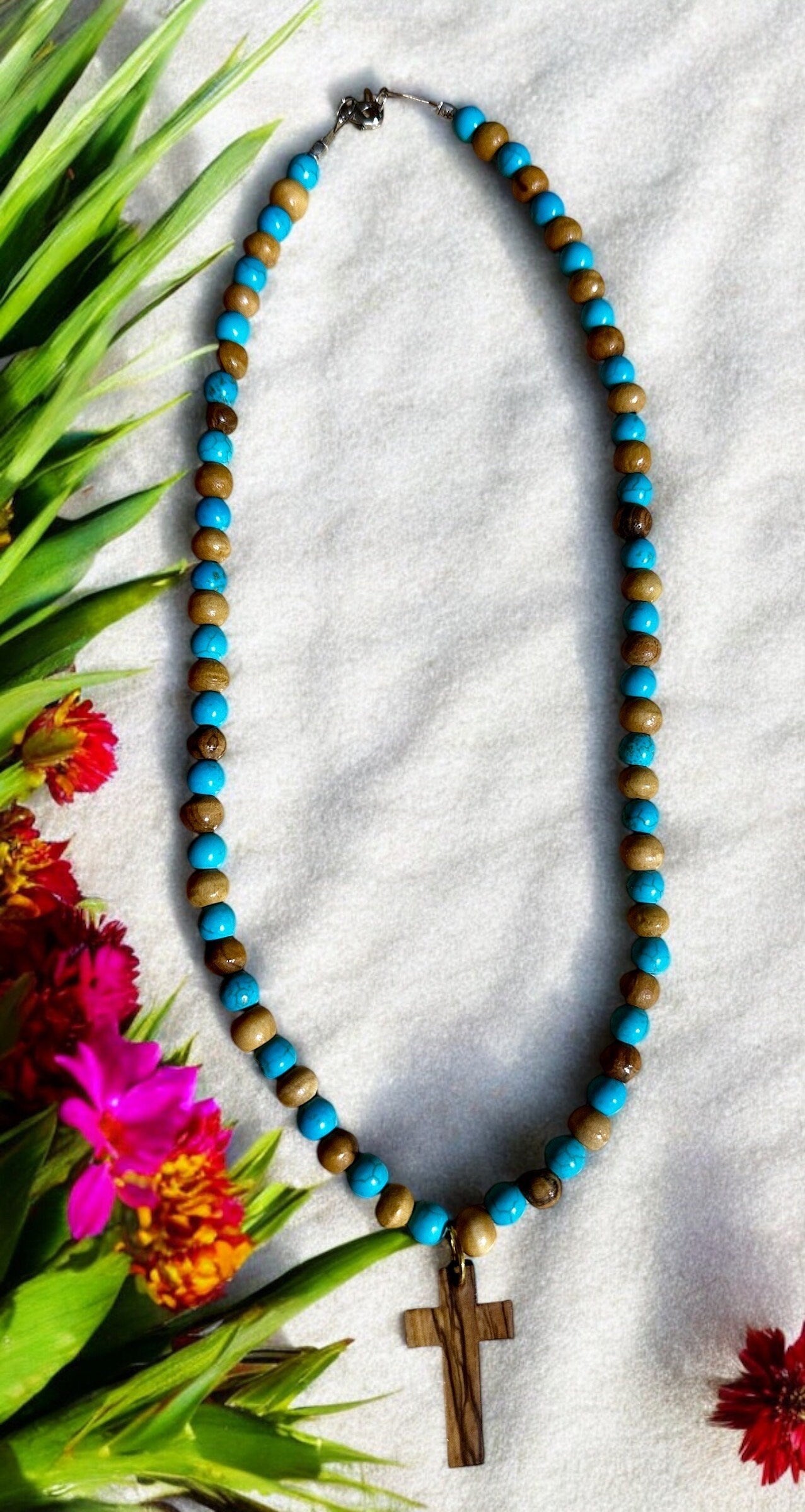 Bethlehem olive wood beads and turquoise beads necklace handmade with olive wood cross pendant comes gift boxed