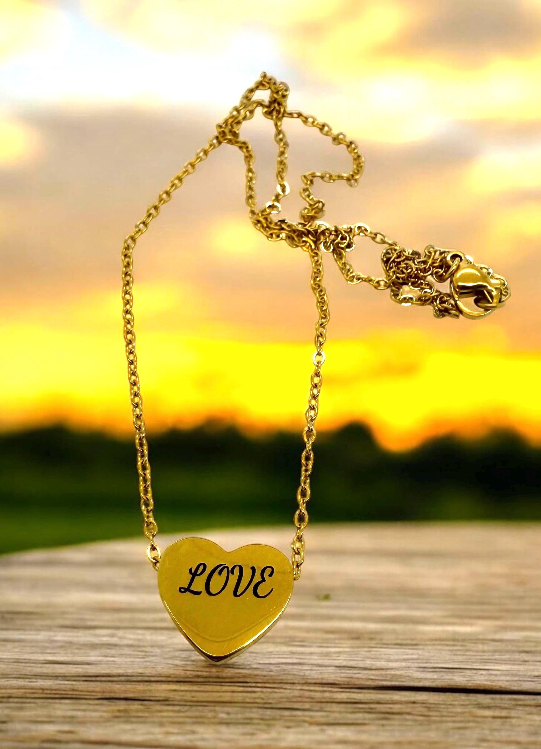 Hebrew English Love Heart engraved Necklace 18” Stainless Steel 18k Gold Plated