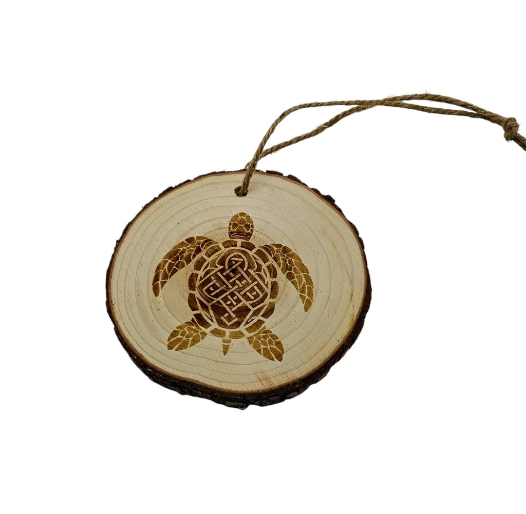 Turtle handmade engraved on natural pine wood slice with the bark great decoration for the Christmas tree comes ready to hung gift box