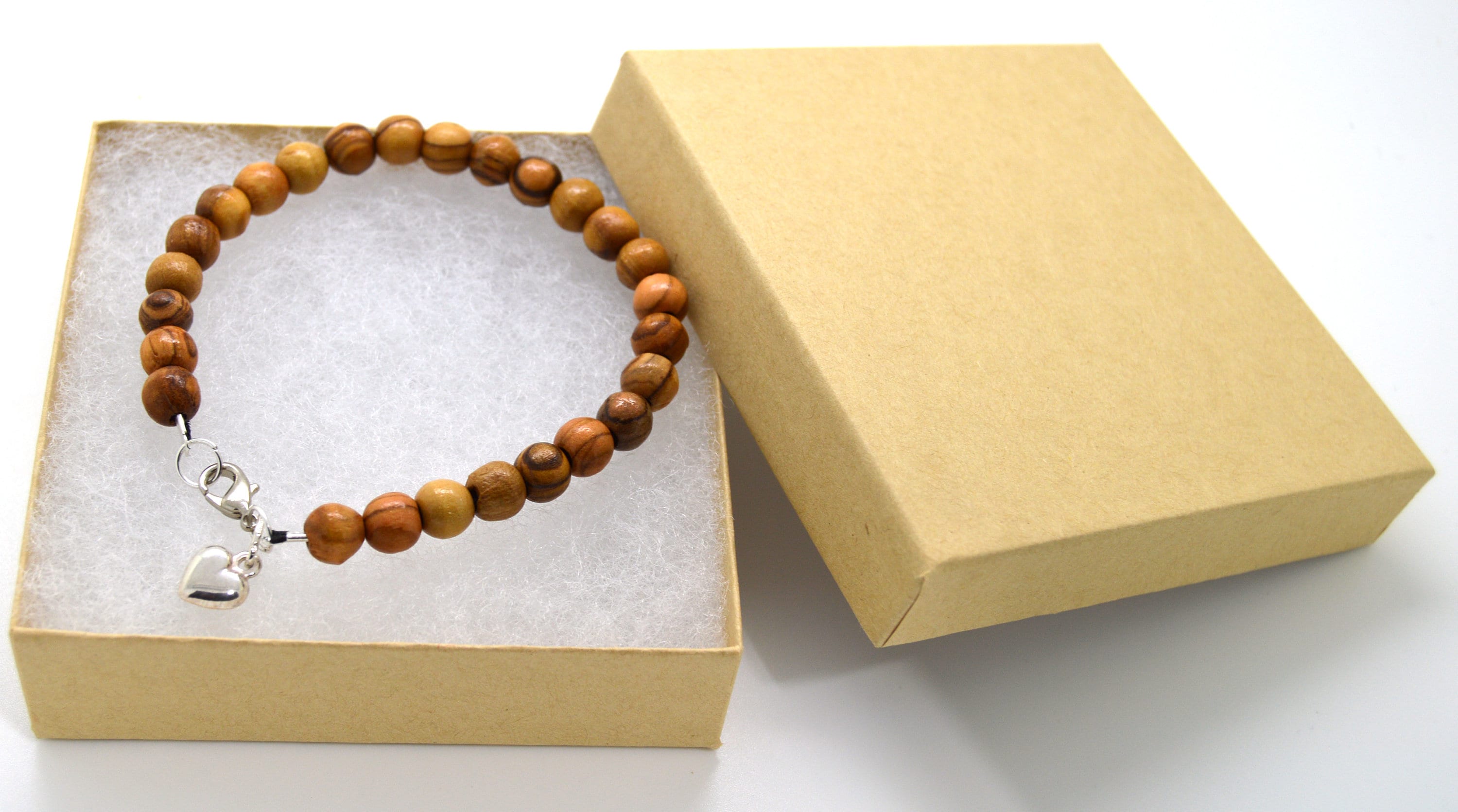 Olive wood bracelet handmade from 8 mm beads with Hebrew Chai, Jerusalem cross, Star of David or Heart charm gift boxed