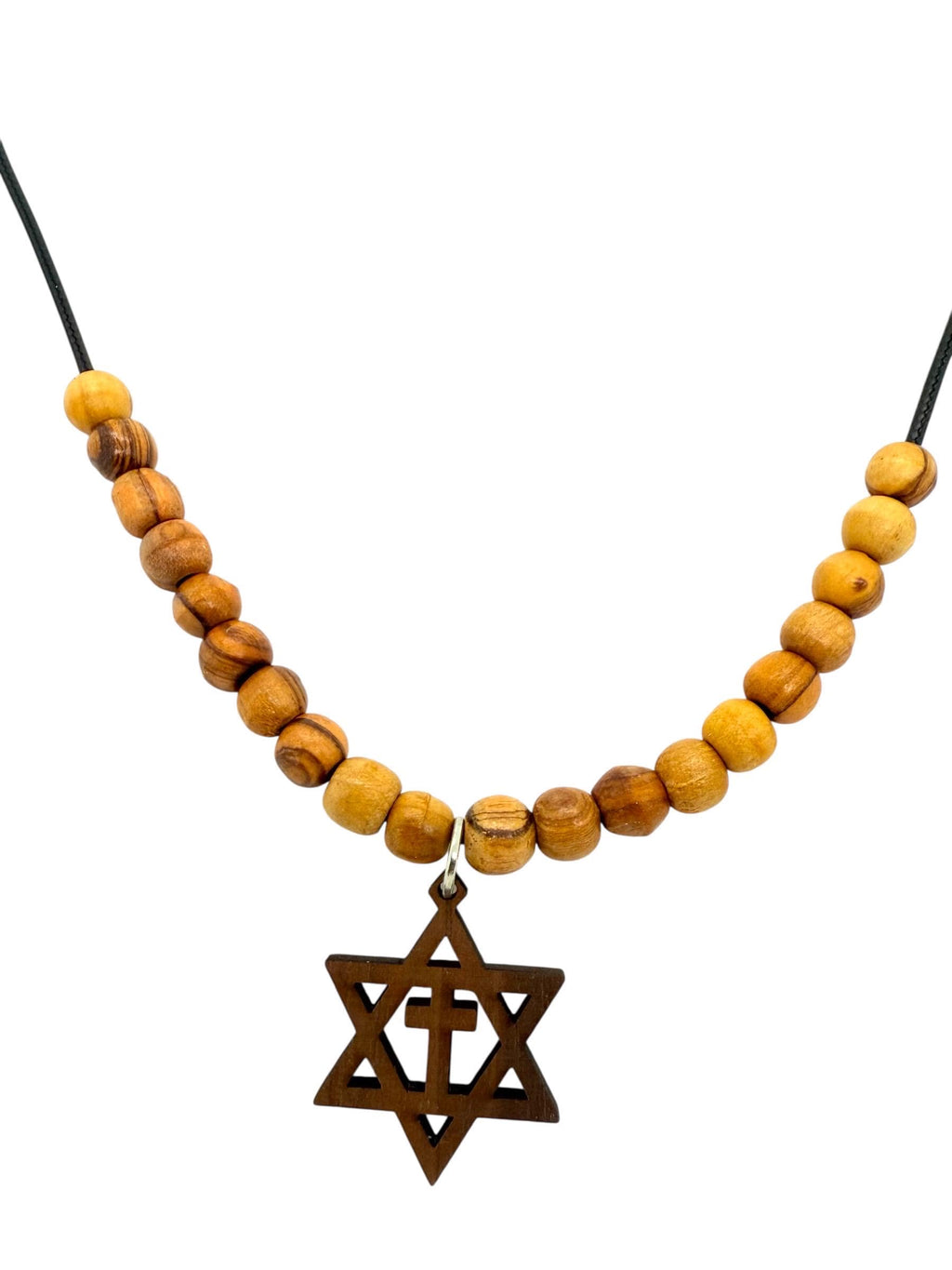 Star of David with the cross walnut wooden pendant handmade necklace with olive wood beads 20" gift boxed