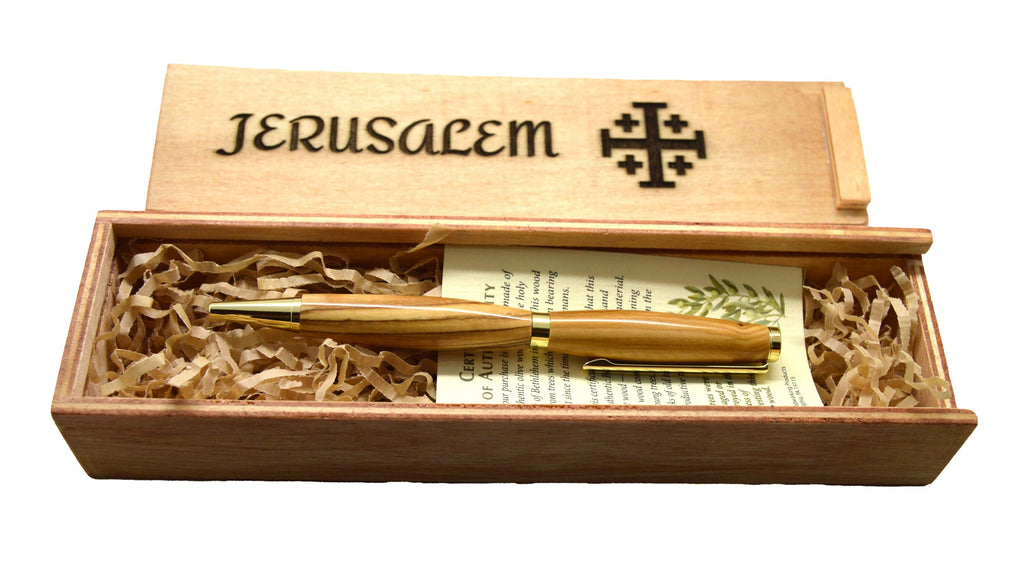 Olive wood from Israel hand turned pen with wooden gift box engraved Jerusalem Cross