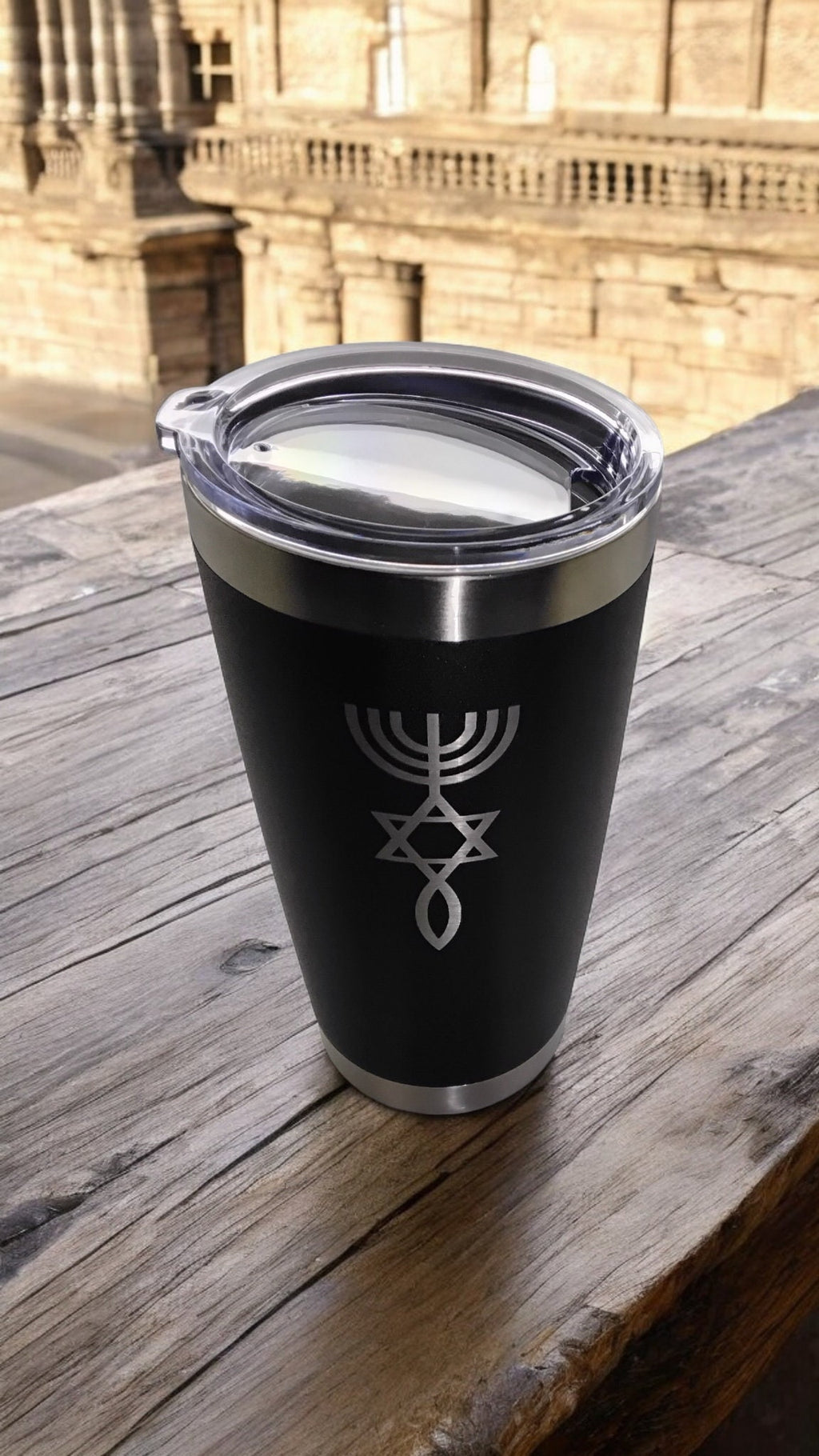 20oz Stainless Steel Tumbler w Lid engraved Messianic Seal grafted In Israel Star of David Menorah and fish travel mug