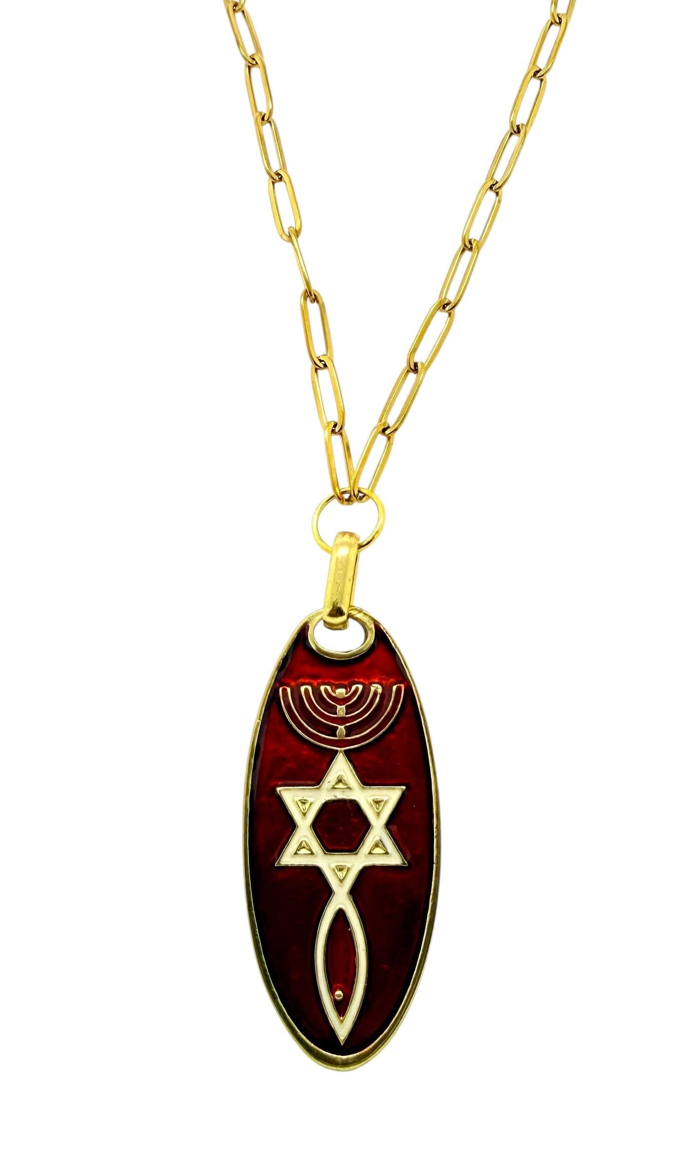 Grafted in messianic pendant Star of David menorah and fish 20” Paperclip necklace gift boxed