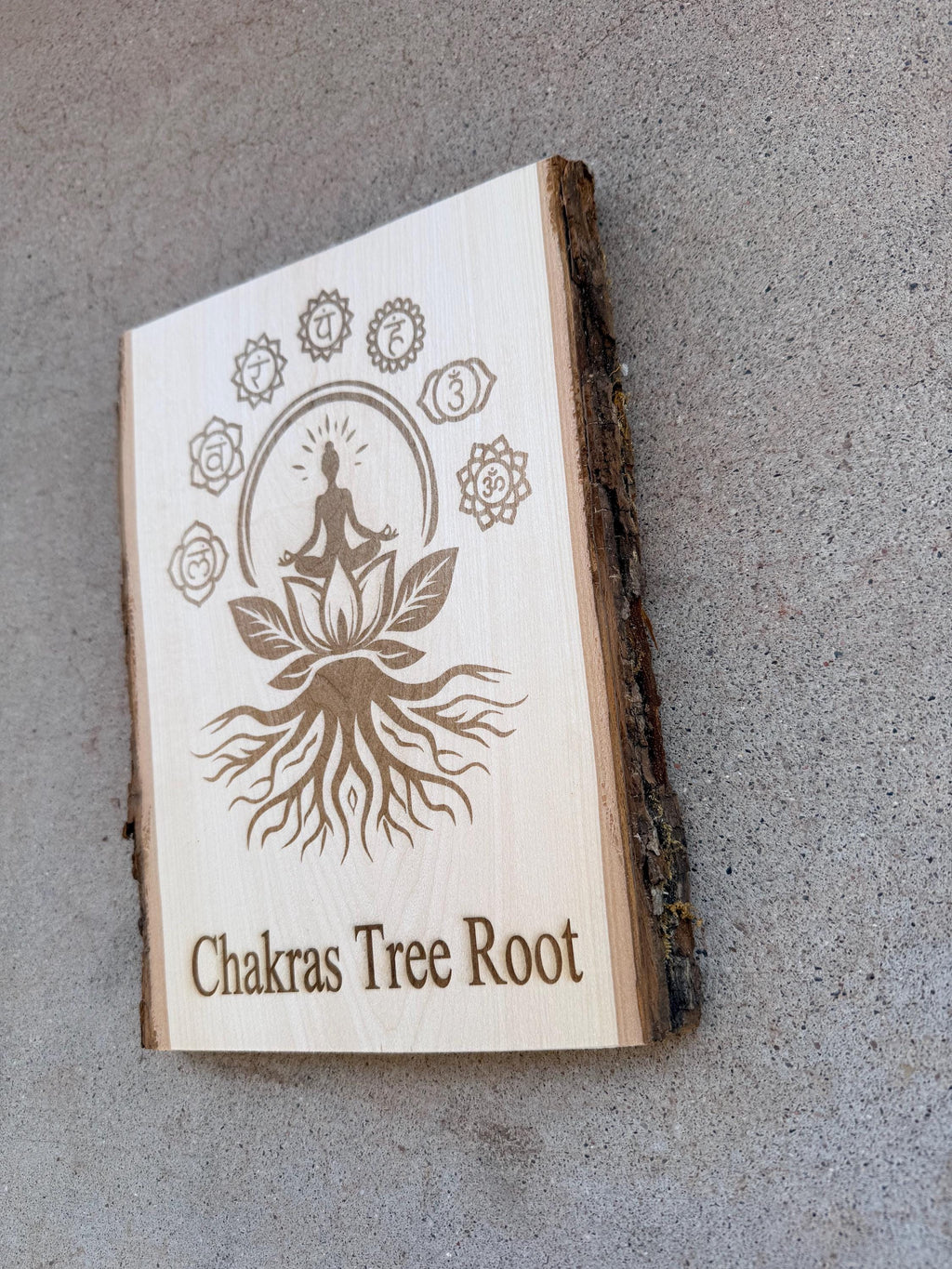 Chakra Tree Root yoga sign engraved on live edge basswood size 11” x 8”