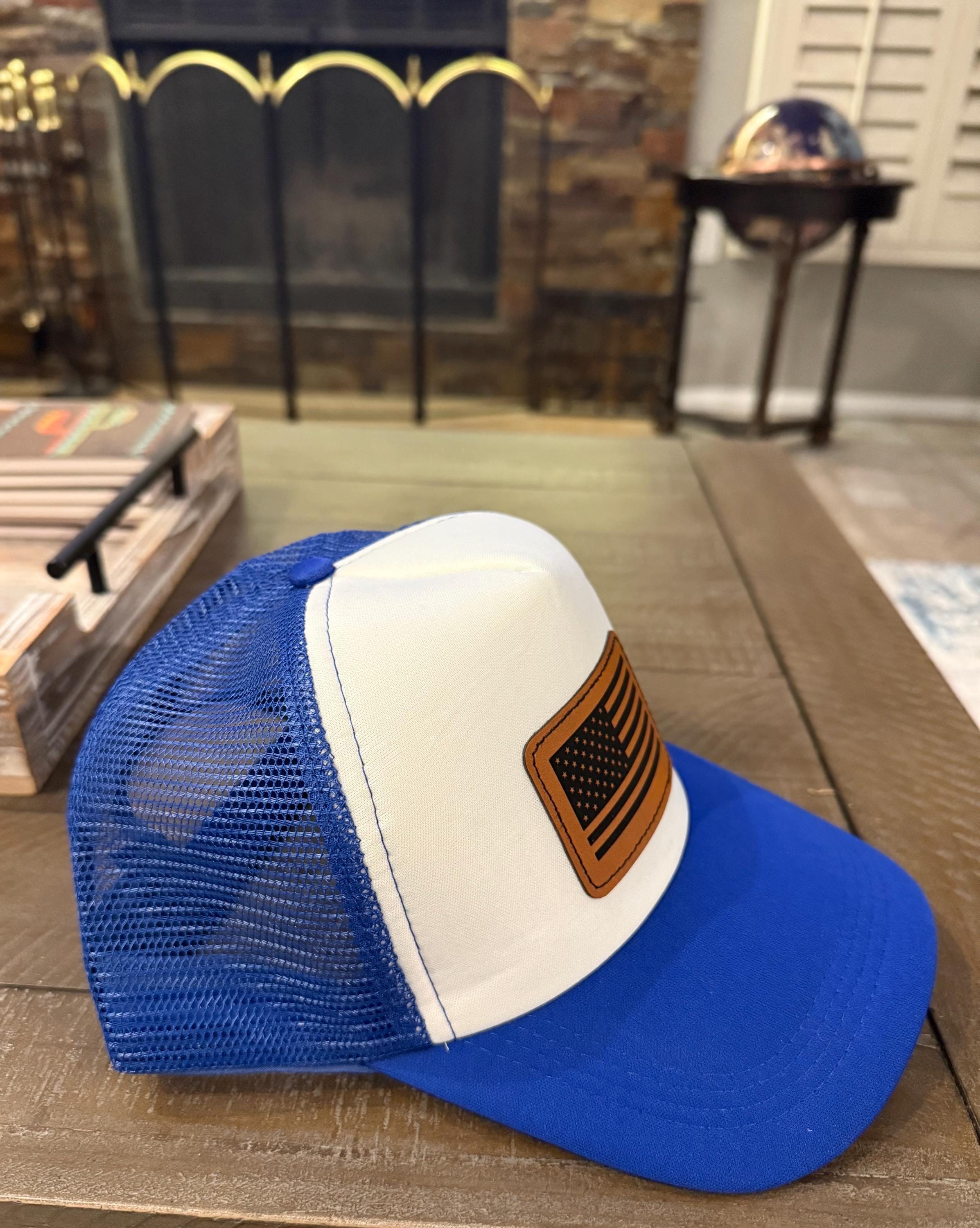 USA Flag Hat baseball cap American flag leatherette patch laser engraved and heat pressed applied on blue and white hand stitched  on Camo