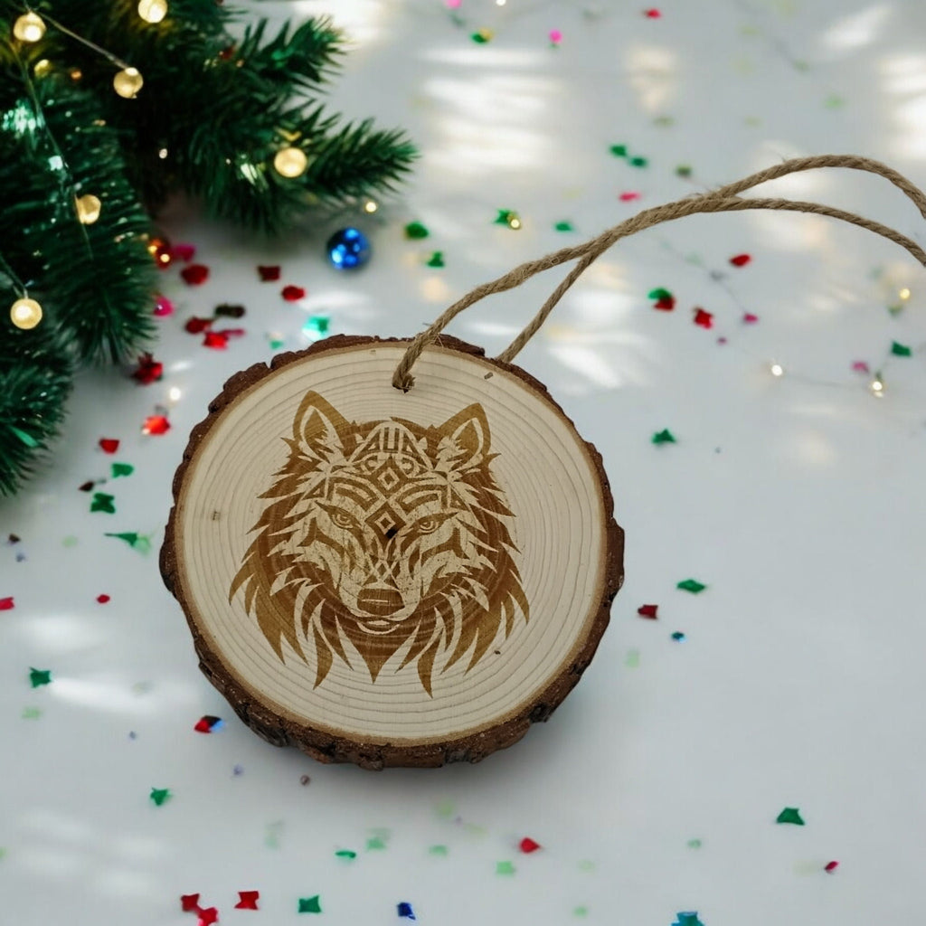 Wolf celtic handmade engraved on natural pine wood slice with the bark great decoration for the Christmas tree comes ready to be hung