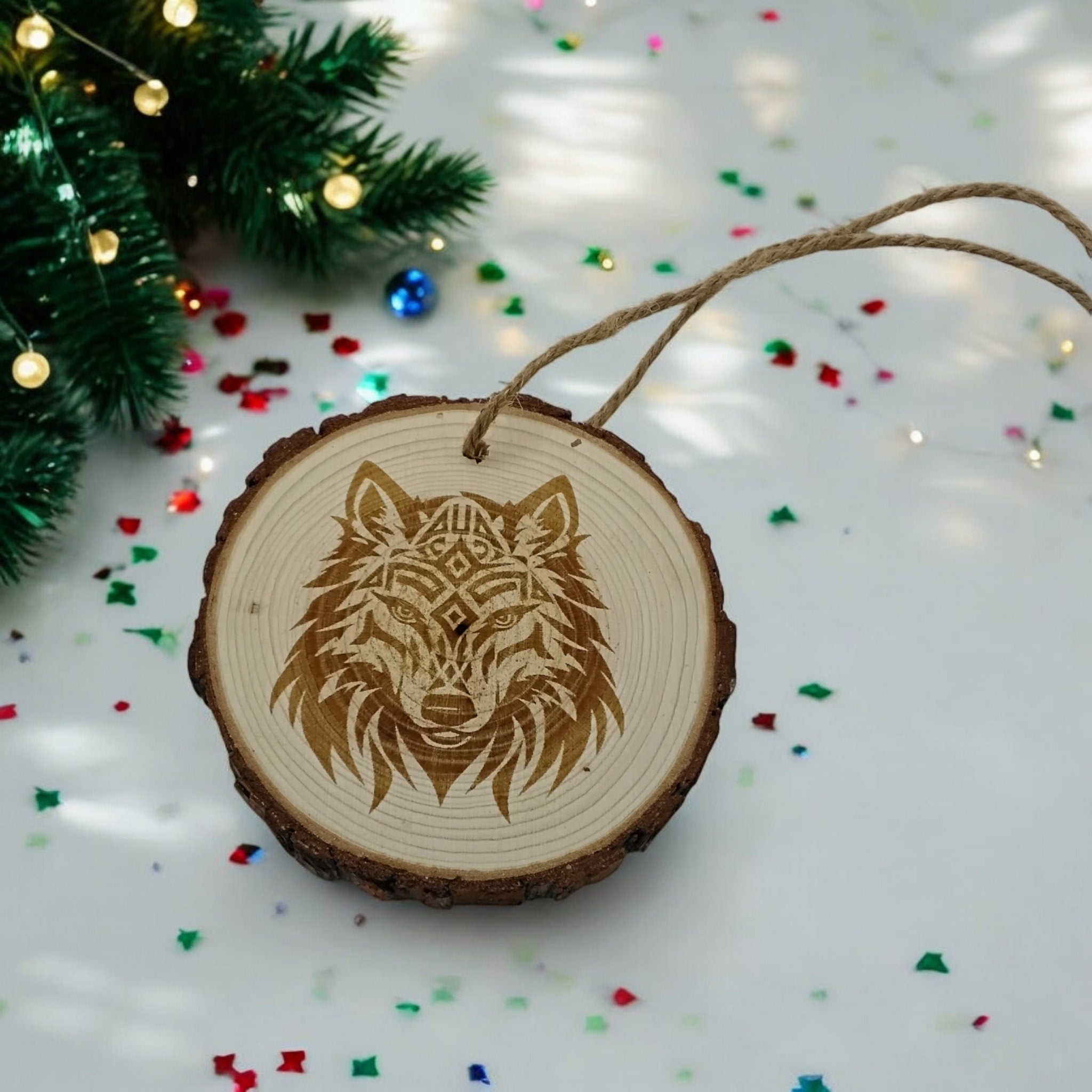 Wolf celtic handmade engraved on natural pine wood slice with the bark great decoration for the Christmas tree comes ready to be hung